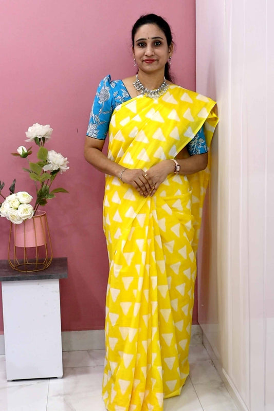 DC95 | Lemon Yellow With Sea Blue – Pure Mulmul Soft Cotton Jaipuri Hand Block Printed Saree