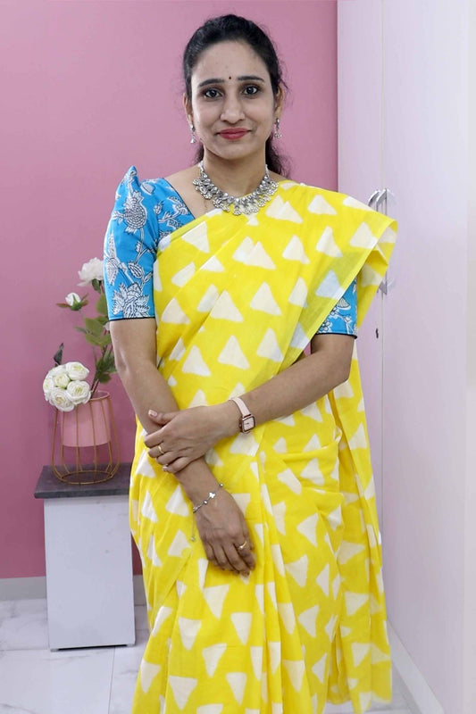 DC95 | Lemon Yellow With Sea Blue – Pure Mulmul Soft Cotton Jaipuri Hand Block Printed Saree