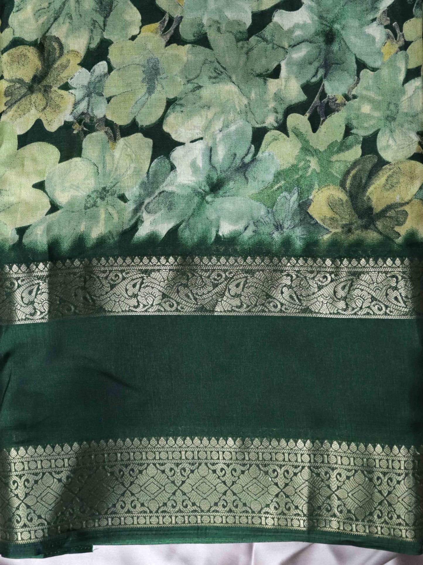 Green Fancy Silk Saree with Jacquard Gap Border and Beautiful Floral Print