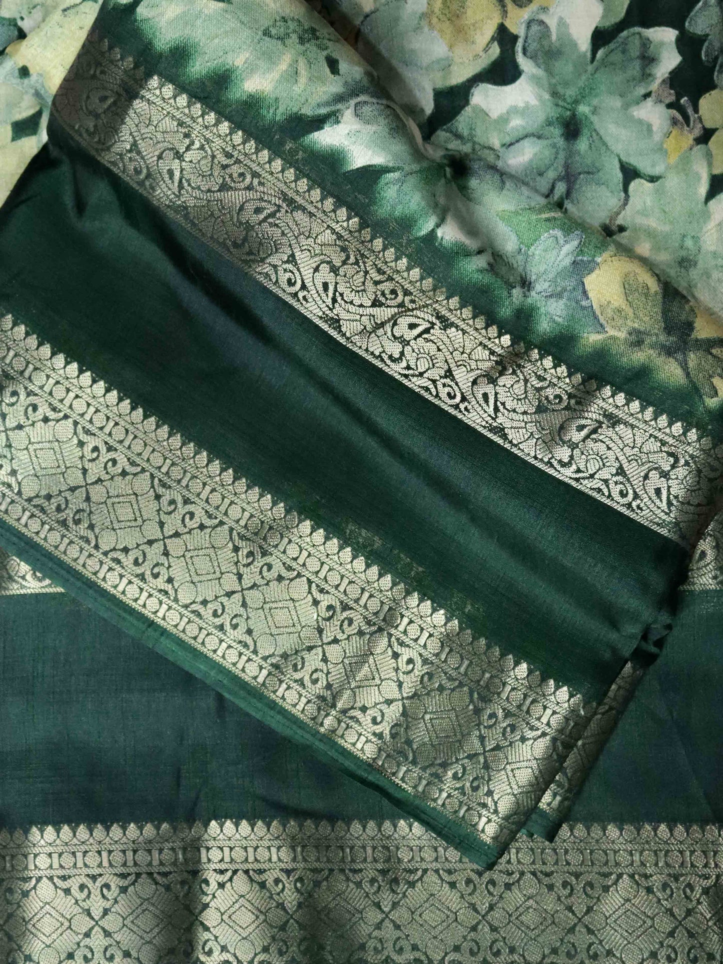 Green Fancy Silk Saree with Jacquard Gap Border and Beautiful Floral Print