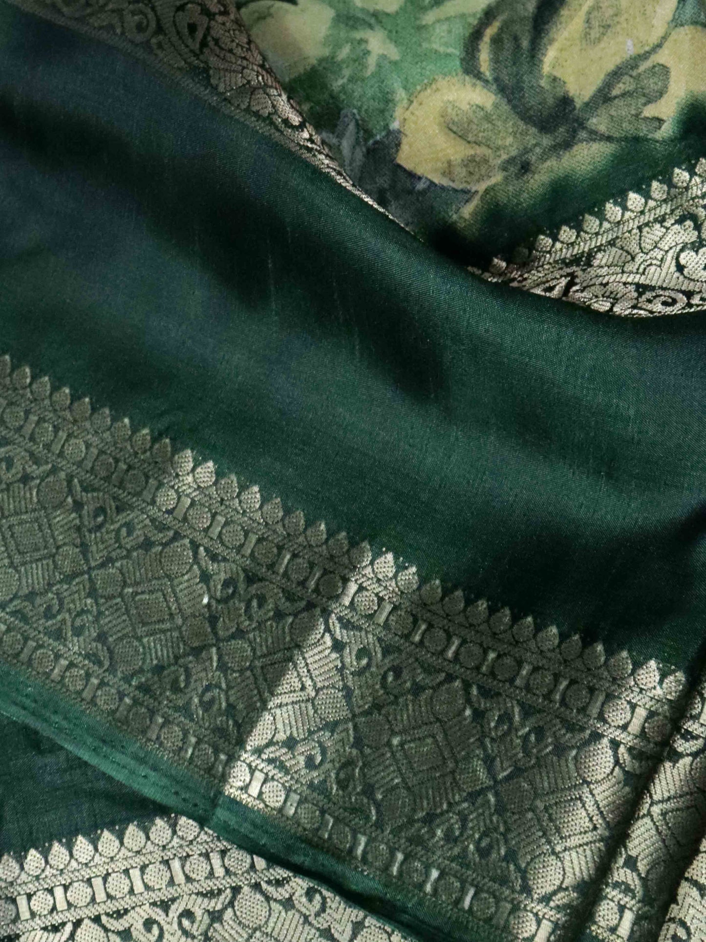 Green Fancy Silk Saree with Jacquard Gap Border and Beautiful Floral Print