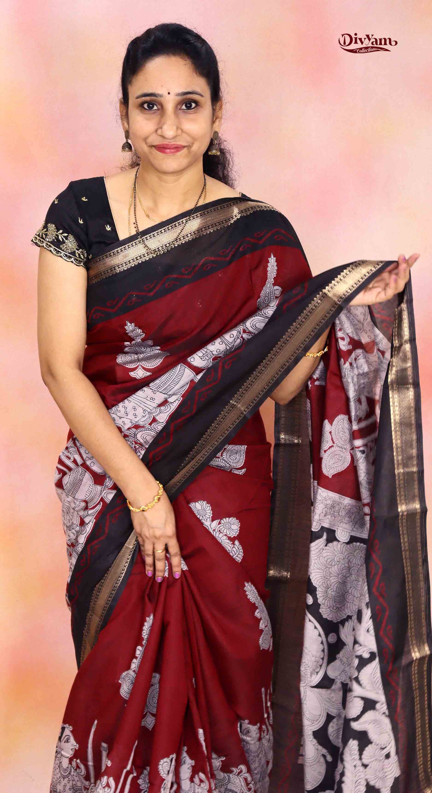 DC240 | Maheshwari Silk Saree with Sri Kalahasti Kalamkari & Narayanpet Zari Border