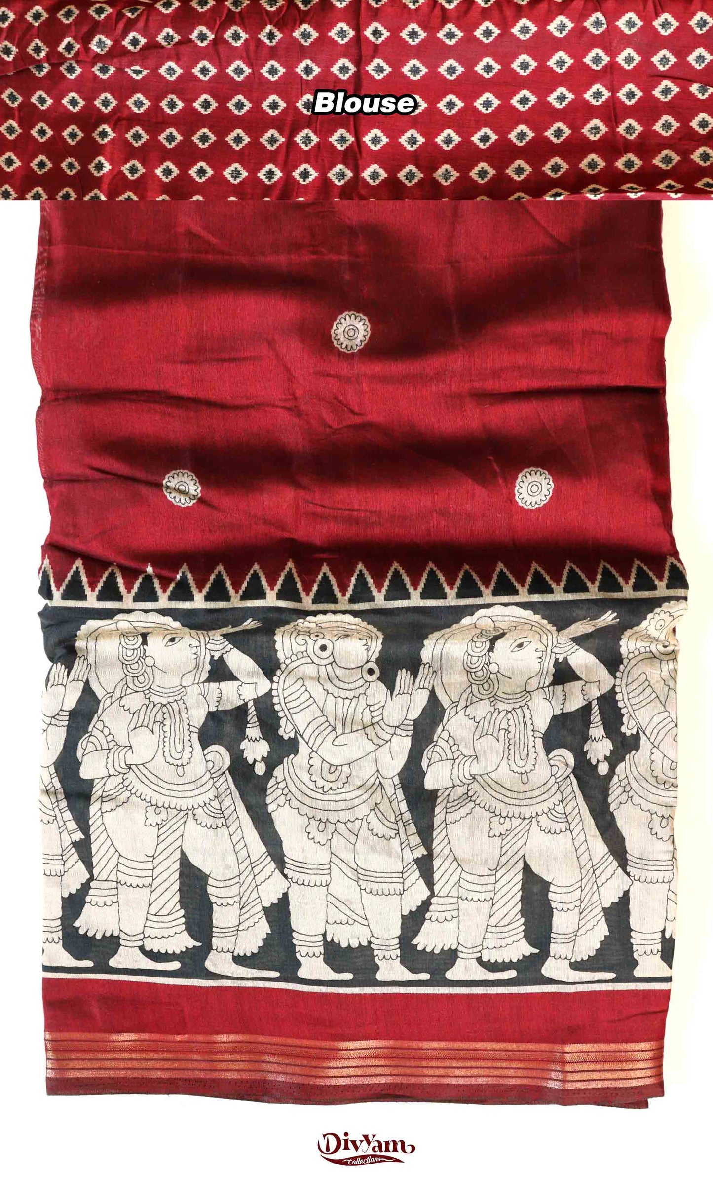 DC153 | Pure Maheshwari Saree with Kalamkari Print & Maroon Temple Zari Border | Lotus Motif Blouse