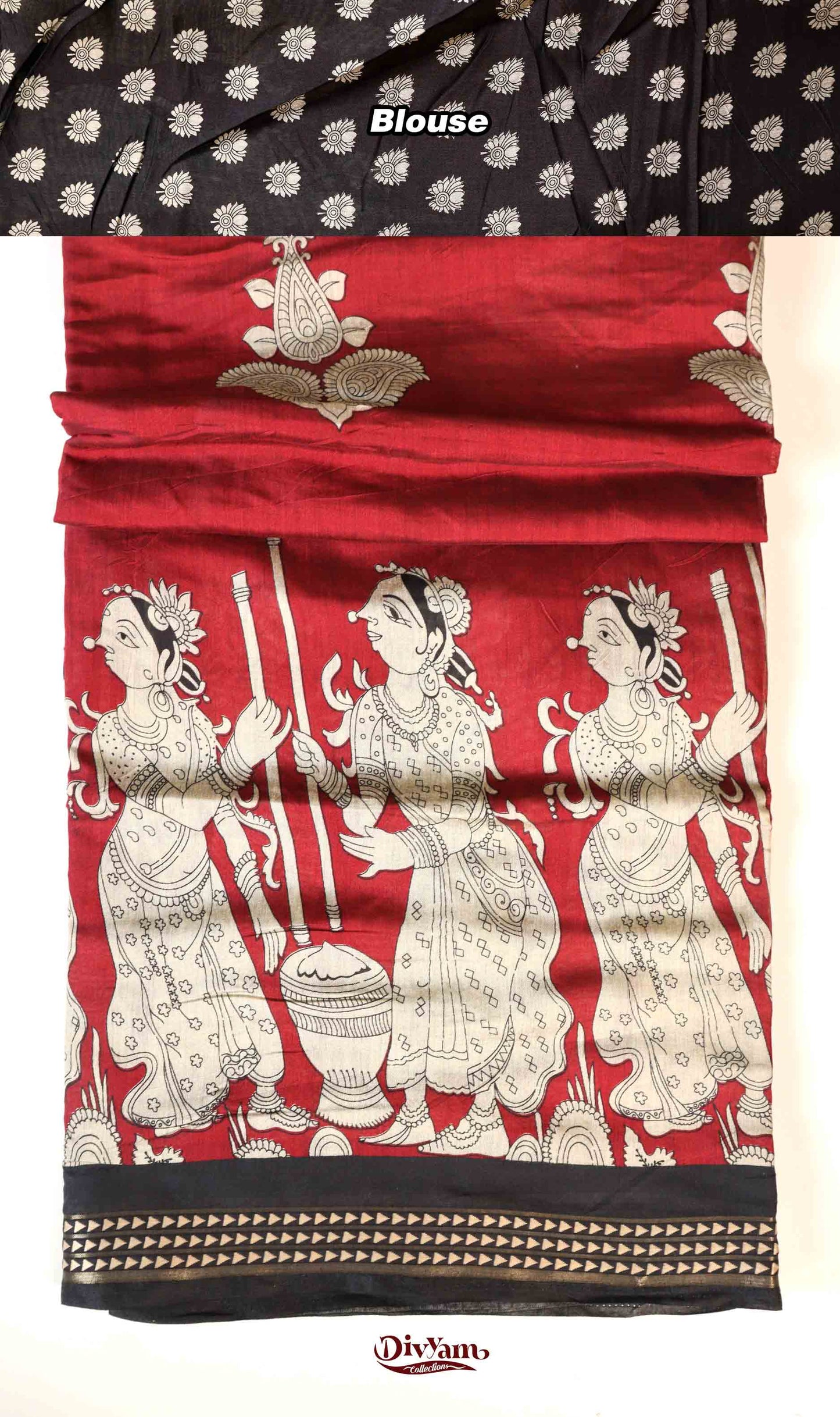 DC153 | Pure Maheshwari Saree with Kalamkari Print & Maroon Temple Zari Border | Lotus Motif Blouse