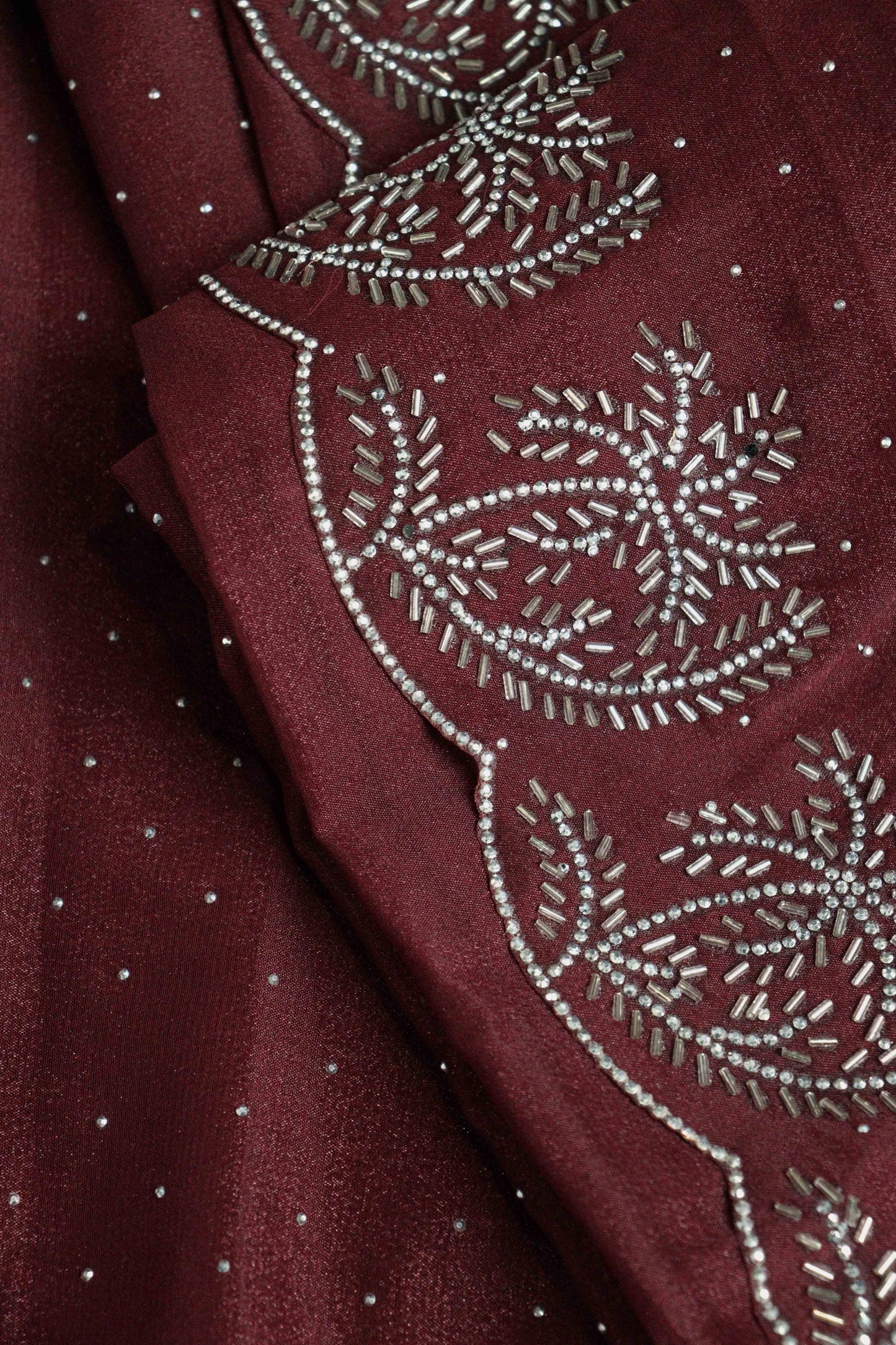 DCSS37 | Maroon Stone Work Silk Saree with Swarovski & Aari Blouse