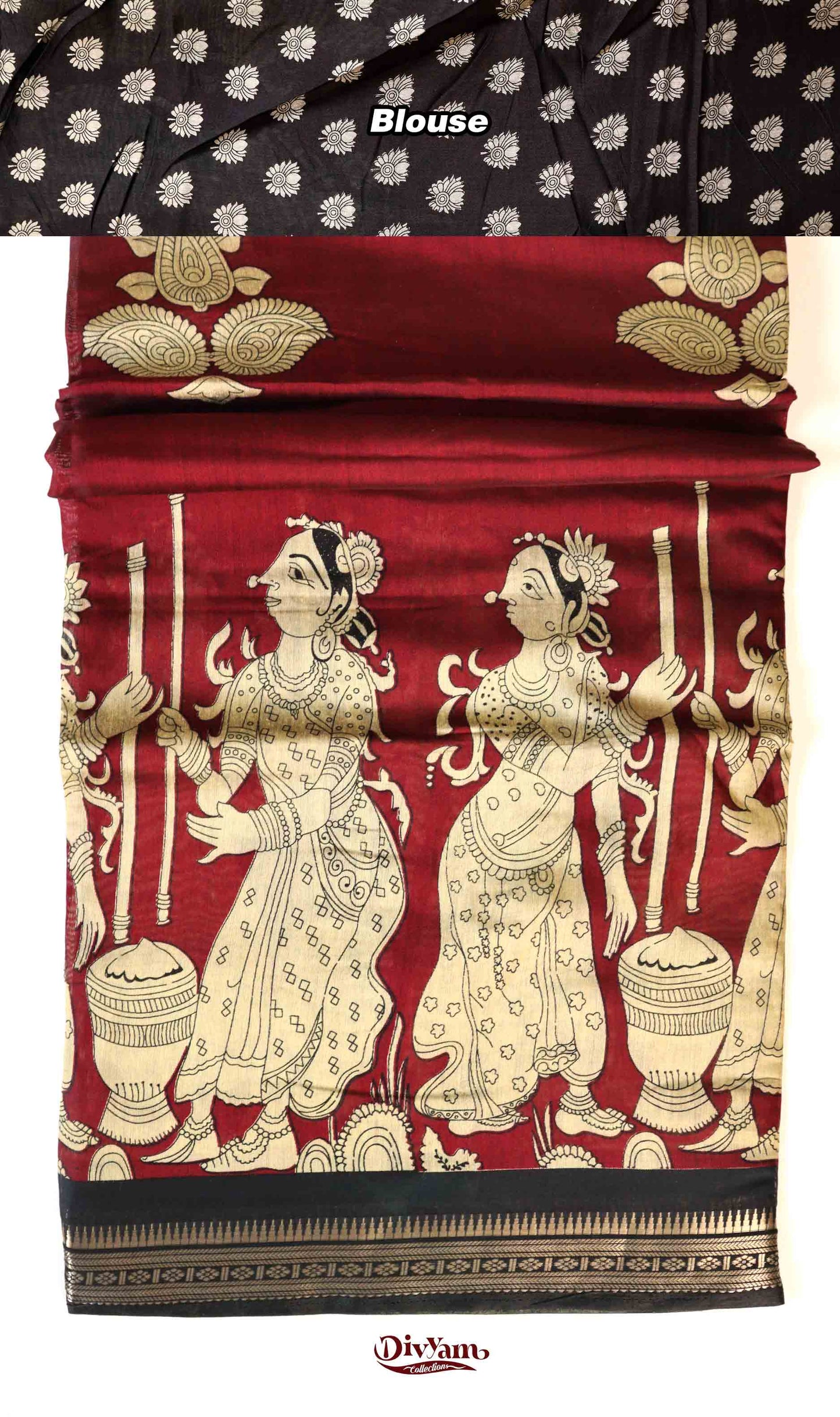 DC153 | Pure Maheshwari Saree with Kalamkari Print & Maroon Temple Zari Border | Lotus Motif Blouse
