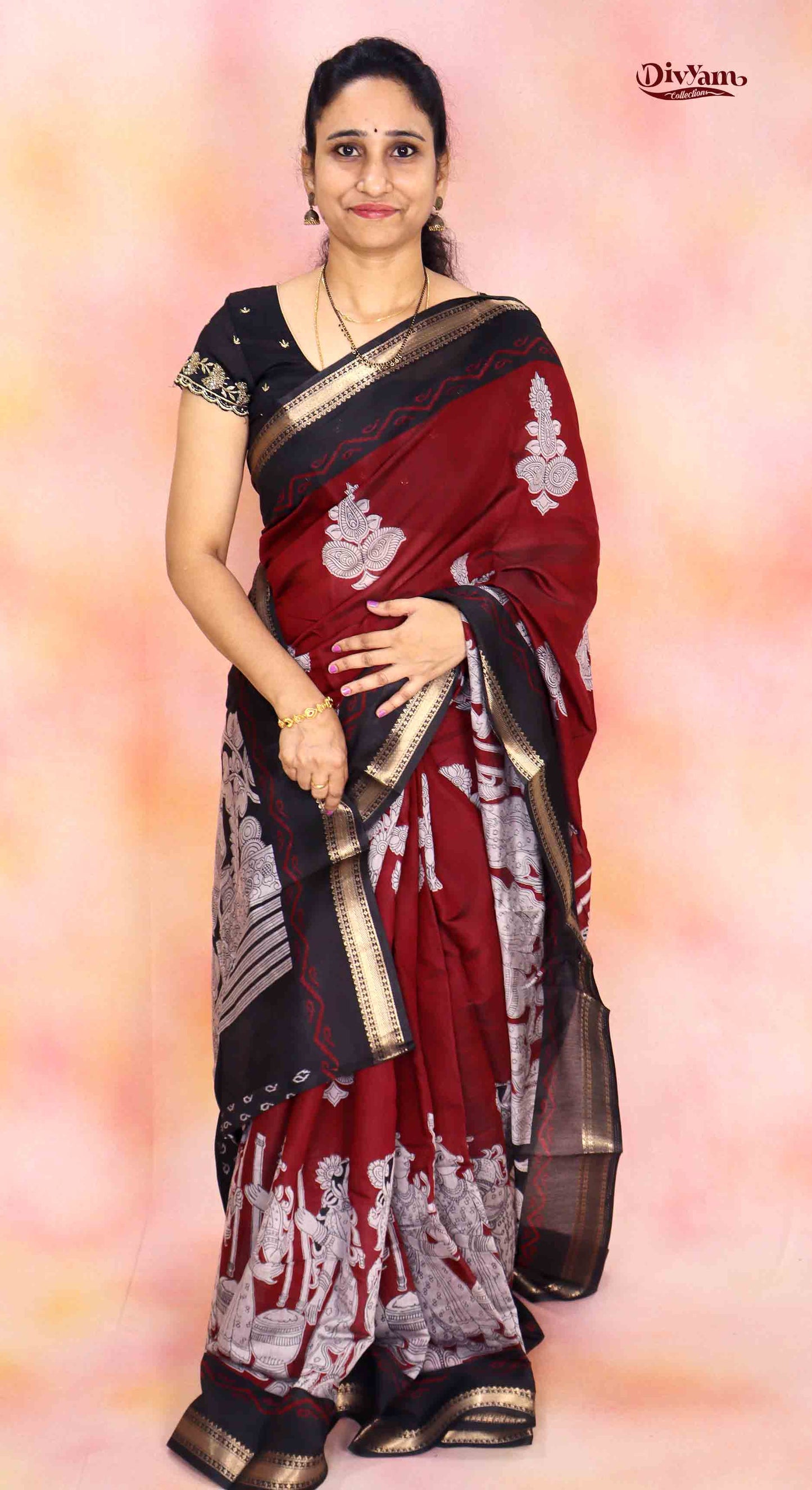 DC240 | Maheshwari Silk Saree with Sri Kalahasti Kalamkari & Narayanpet Zari Border