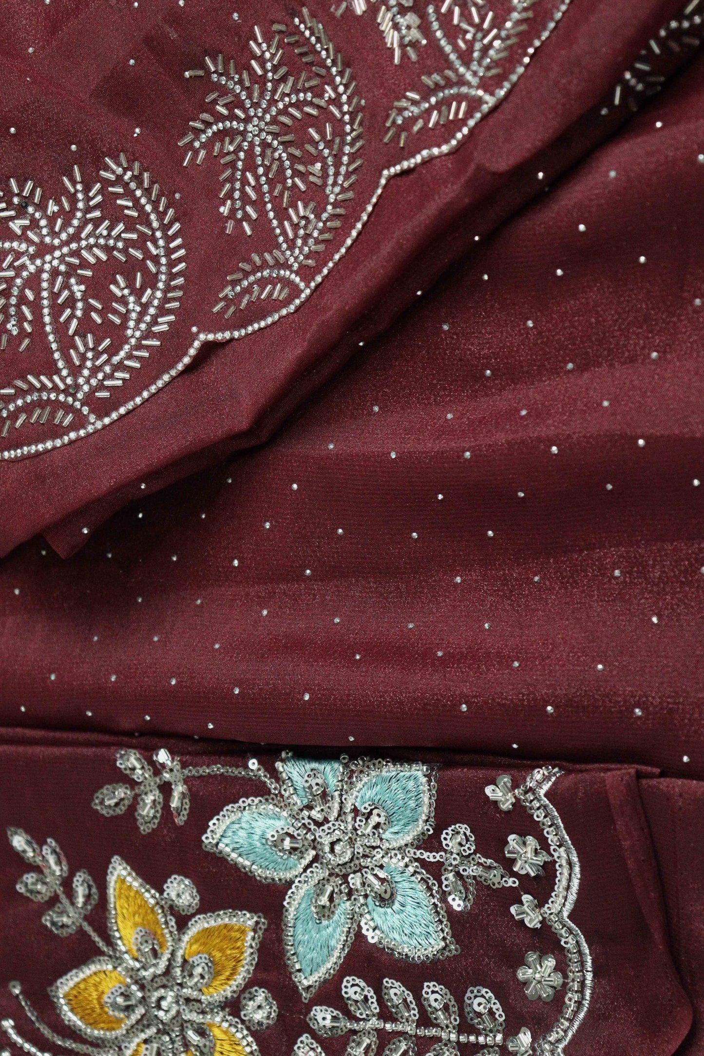 DCSS37 | Maroon Stone Work Silk Saree with Swarovski & Aari Blouse