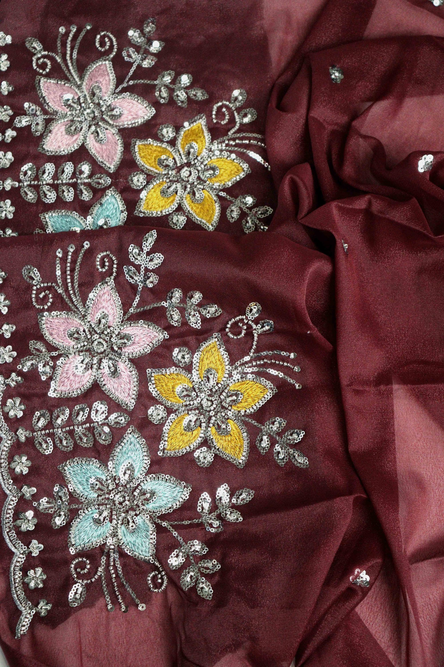 DCSS37 | Maroon Stone Work Silk Saree with Swarovski & Aari Blouse