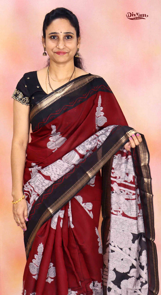 DC240 | Maheshwari Silk Saree with Sri Kalahasti Kalamkari & Narayanpet Zari Border