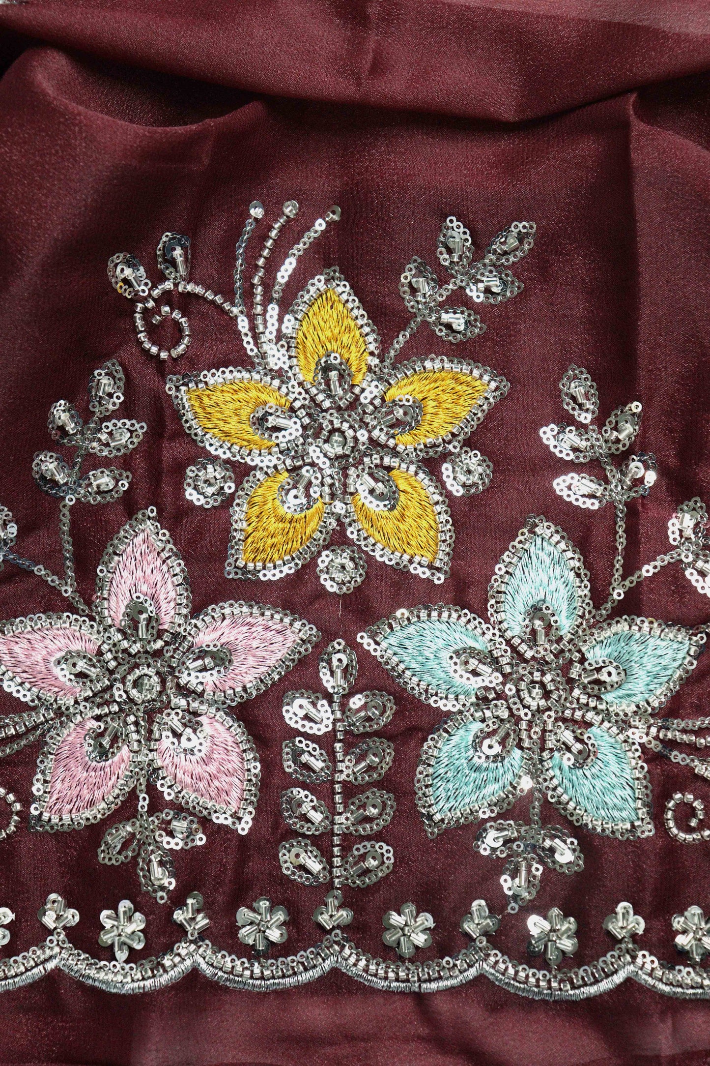 DCSS37 | Maroon Stone Work Silk Saree with Swarovski & Aari Blouse