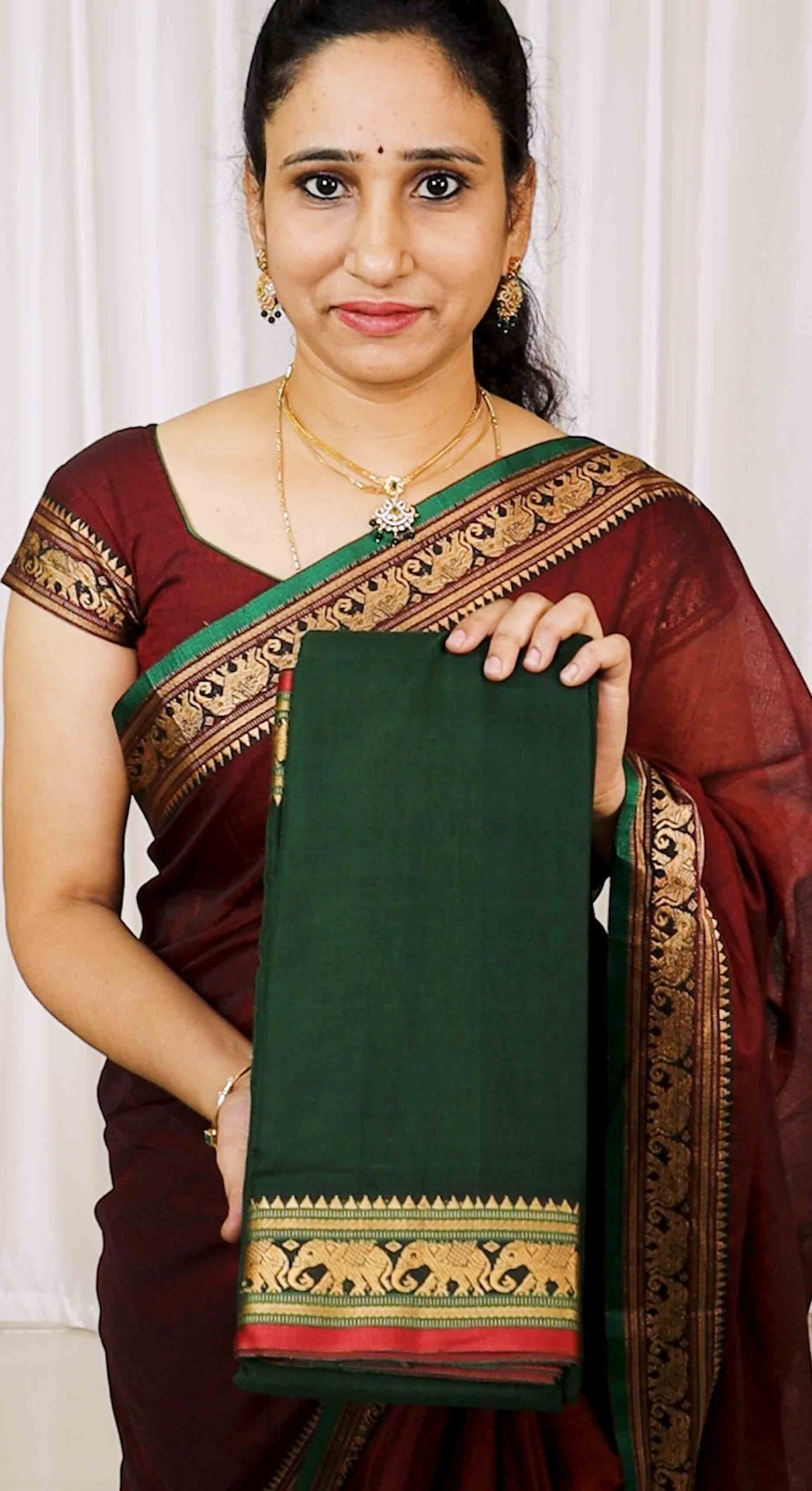 DC231 | Narayanpet Cotton Border Saree with Bottle Green Elephant Zari Border