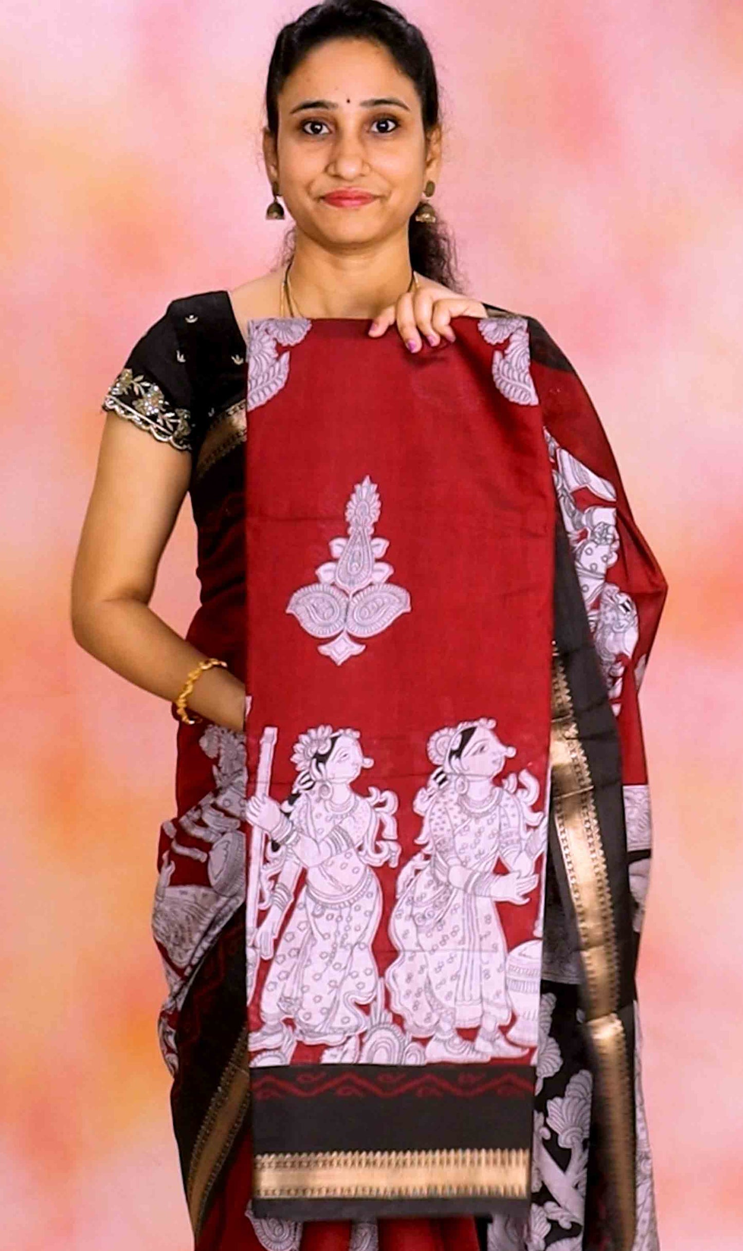 DC240 | Maheshwari Silk Saree with Sri Kalahasti Kalamkari & Narayanpet Zari Border