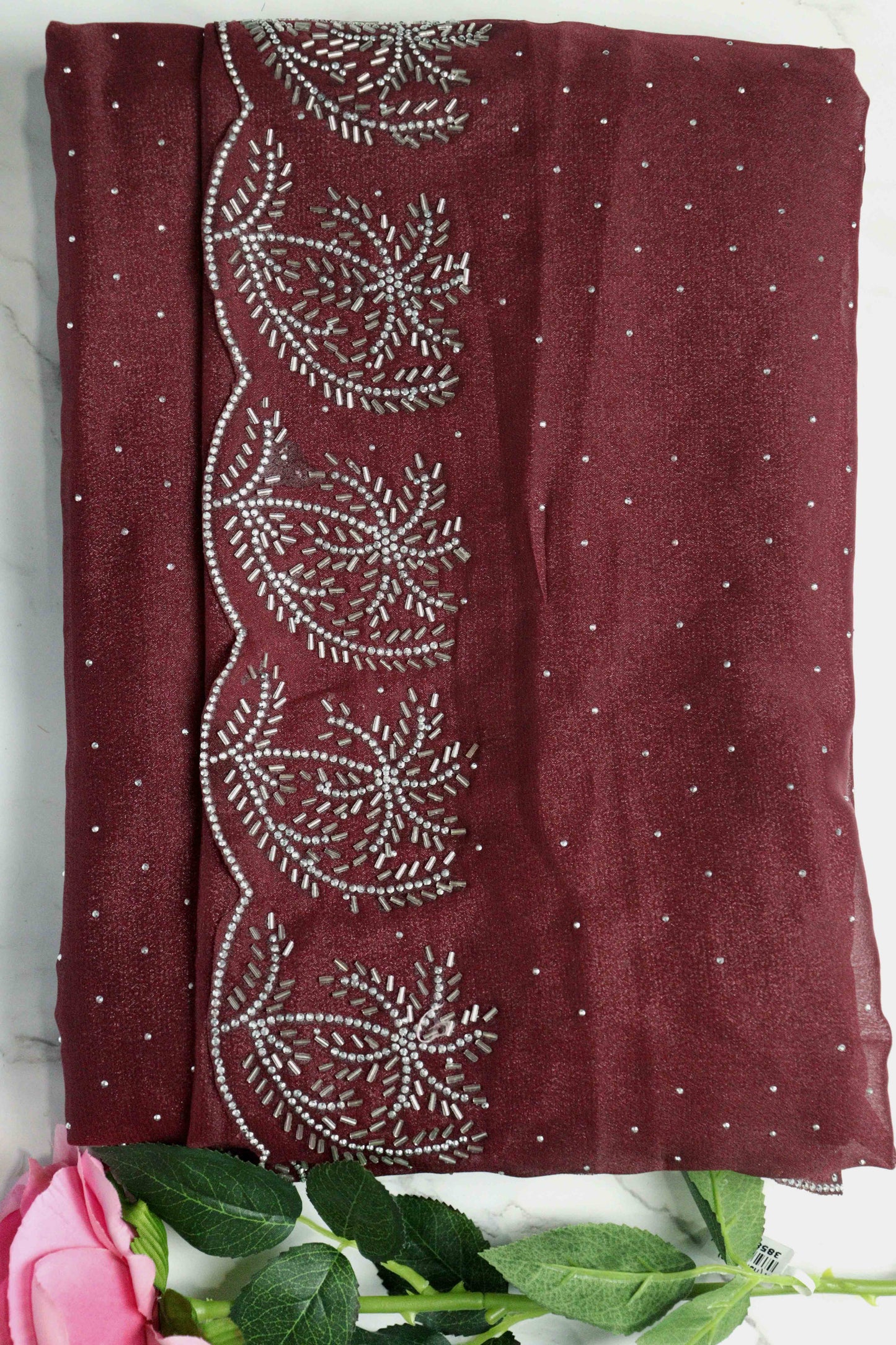 DCSS37 | Maroon Stone Work Silk Saree with Swarovski & Aari Blouse
