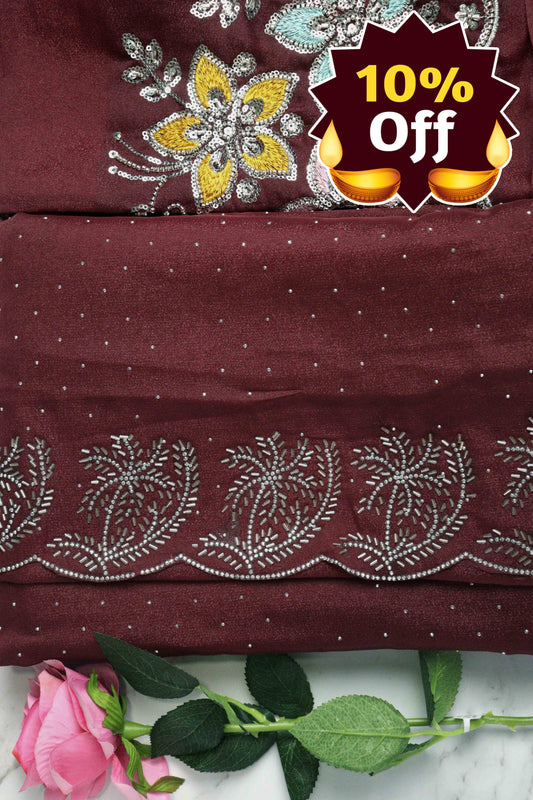 DCSS37 | Maroon Stone Work Silk Saree with Swarovski & Aari Blouse