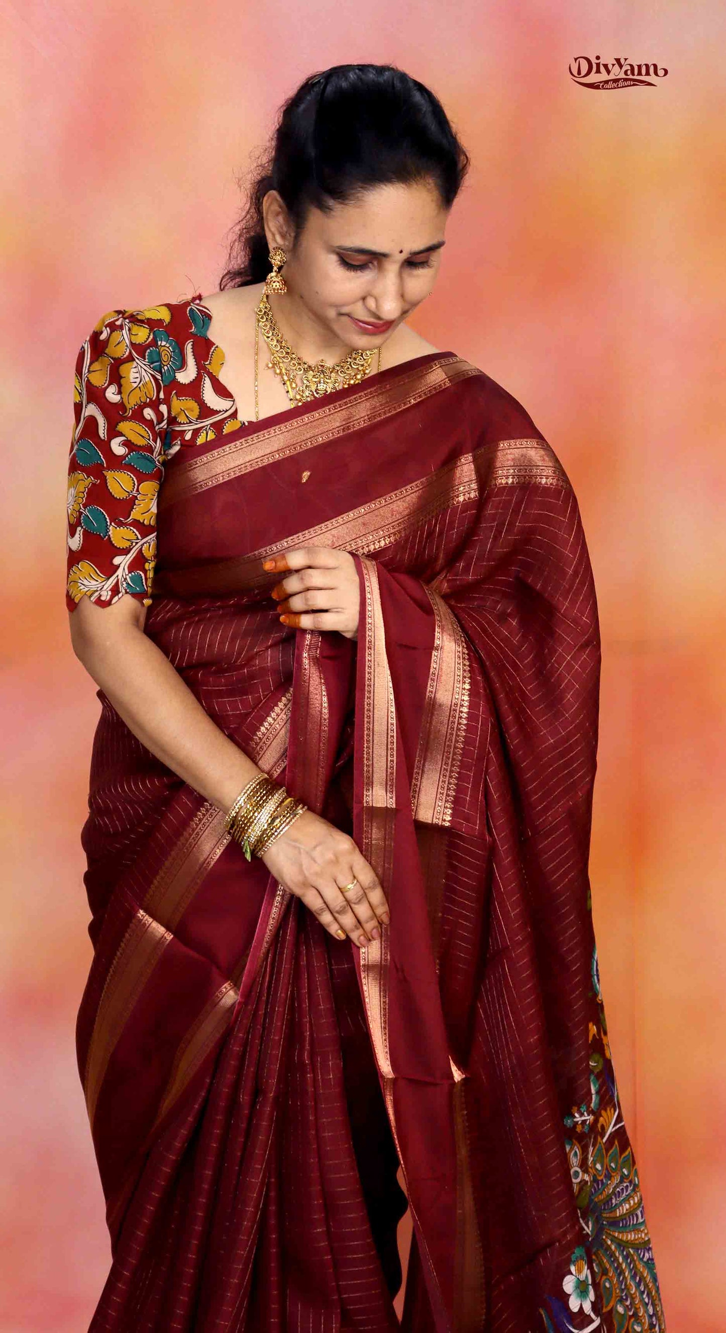 DC274 | Fancy Georgette Saree with Zari Checks & Kalamkari Blouse