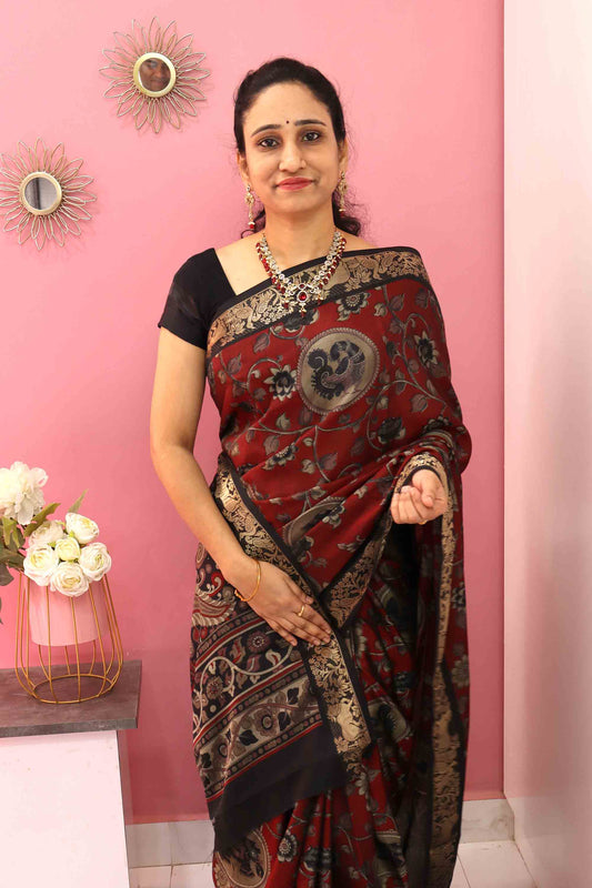 DC117 | Maheshwari Silk Saree with Kalamkari Print & Traditional pichwai animals weaving Border | Contrast Running Blouse | 6-Colour Catalogue