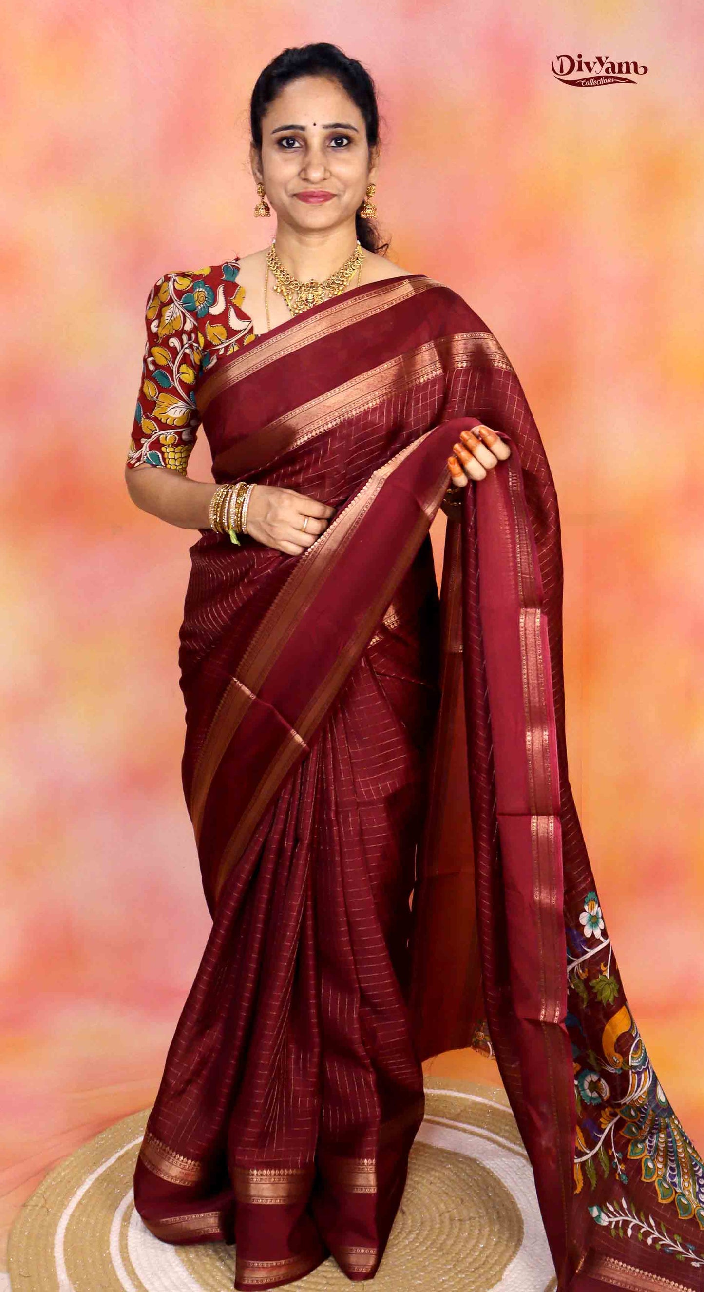DC274 | Fancy Georgette Saree with Zari Checks & Kalamkari Blouse