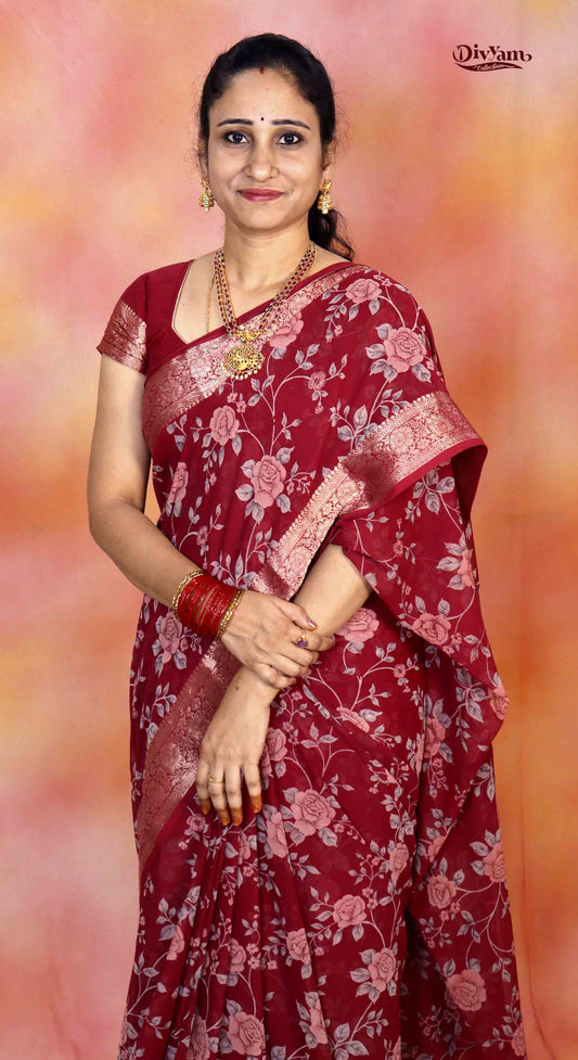DC278 | Premium Chiffon Saree with Rose Floral Print & Rich Jari Border