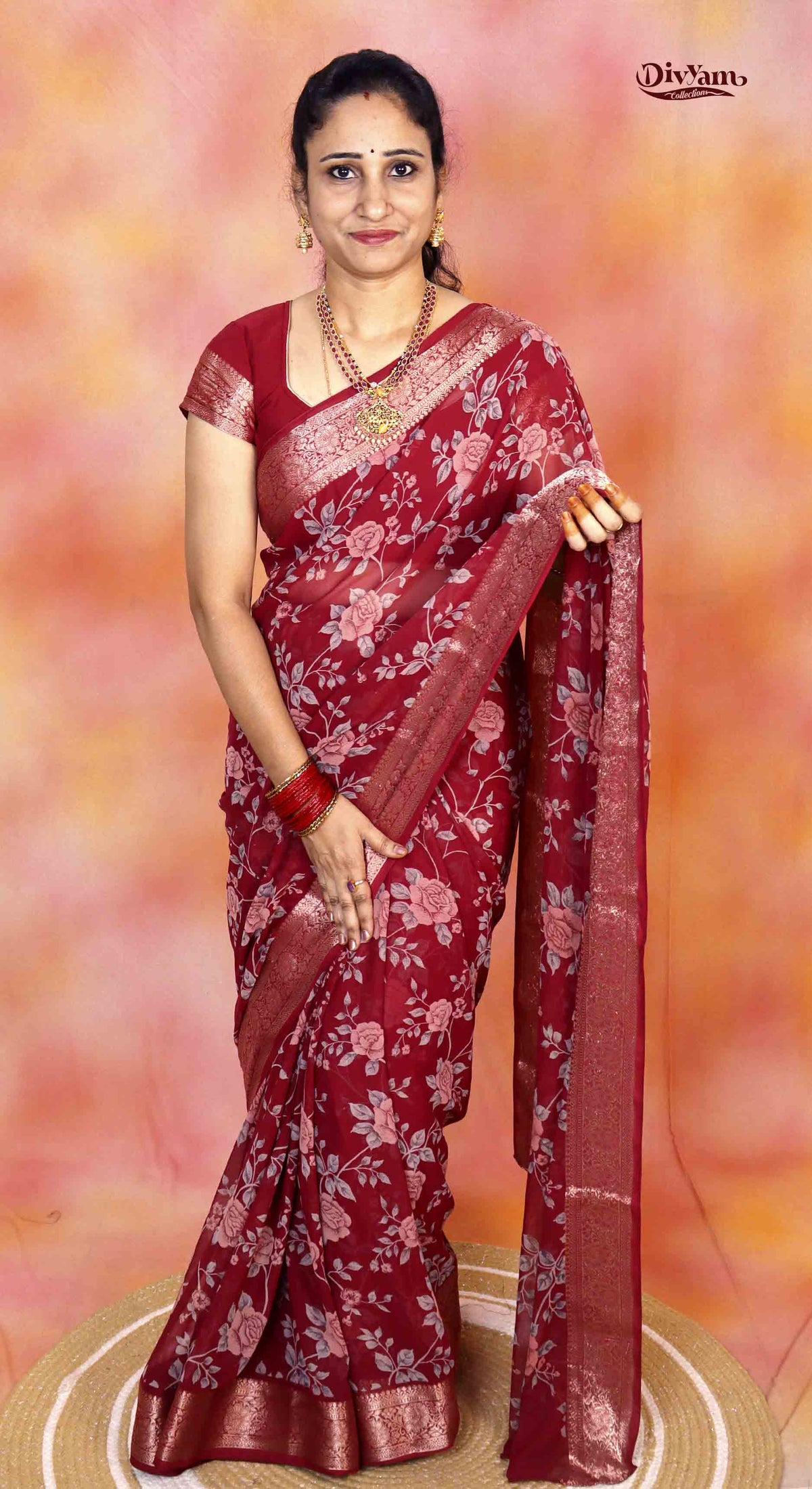 DC278 | Premium Chiffon Saree with Rose Floral Print & Rich Jari Border