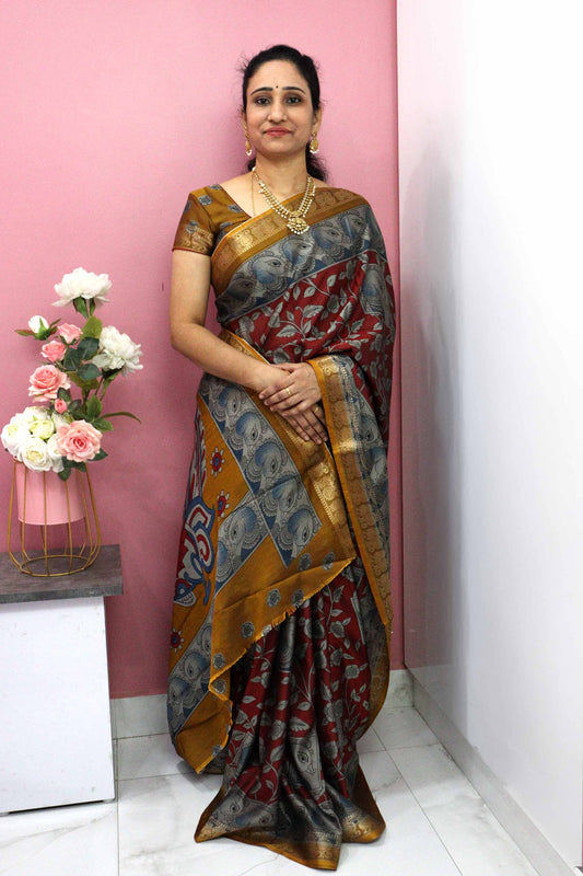 DC107 | Maheshwari Silk Saree with Kalamkari Print & Hamsa Border | Contrast Running Blouse | 6-Colour Catalogue