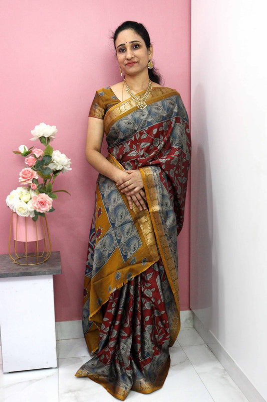 DC107 | Maheshwari Silk Saree with Kalamkari Print & Hamsa Border | Contrast Running Blouse | 6-Colour Catalogue