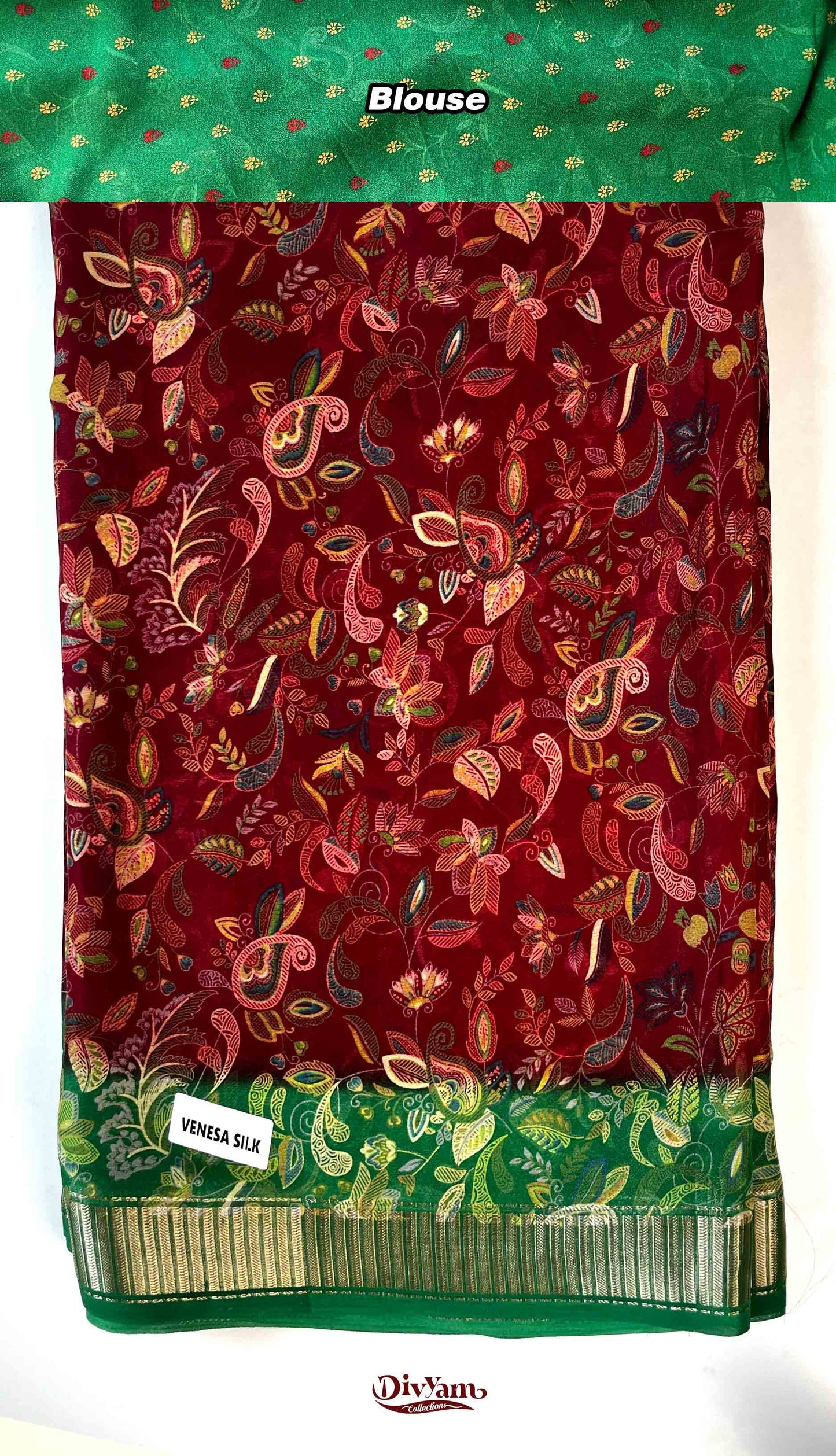 DC188 | Soft Georgette Kalamkari Print Saree with Jari Piping Border & Contrast Blouse