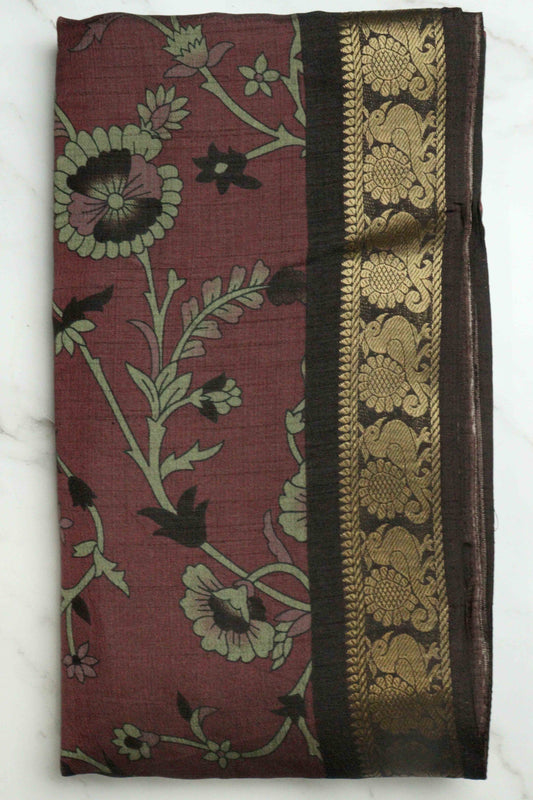 DCMS39 Maroon Wine Maheshwari Silk Sarees with Narayanapattu Border & Kalamkari Print
