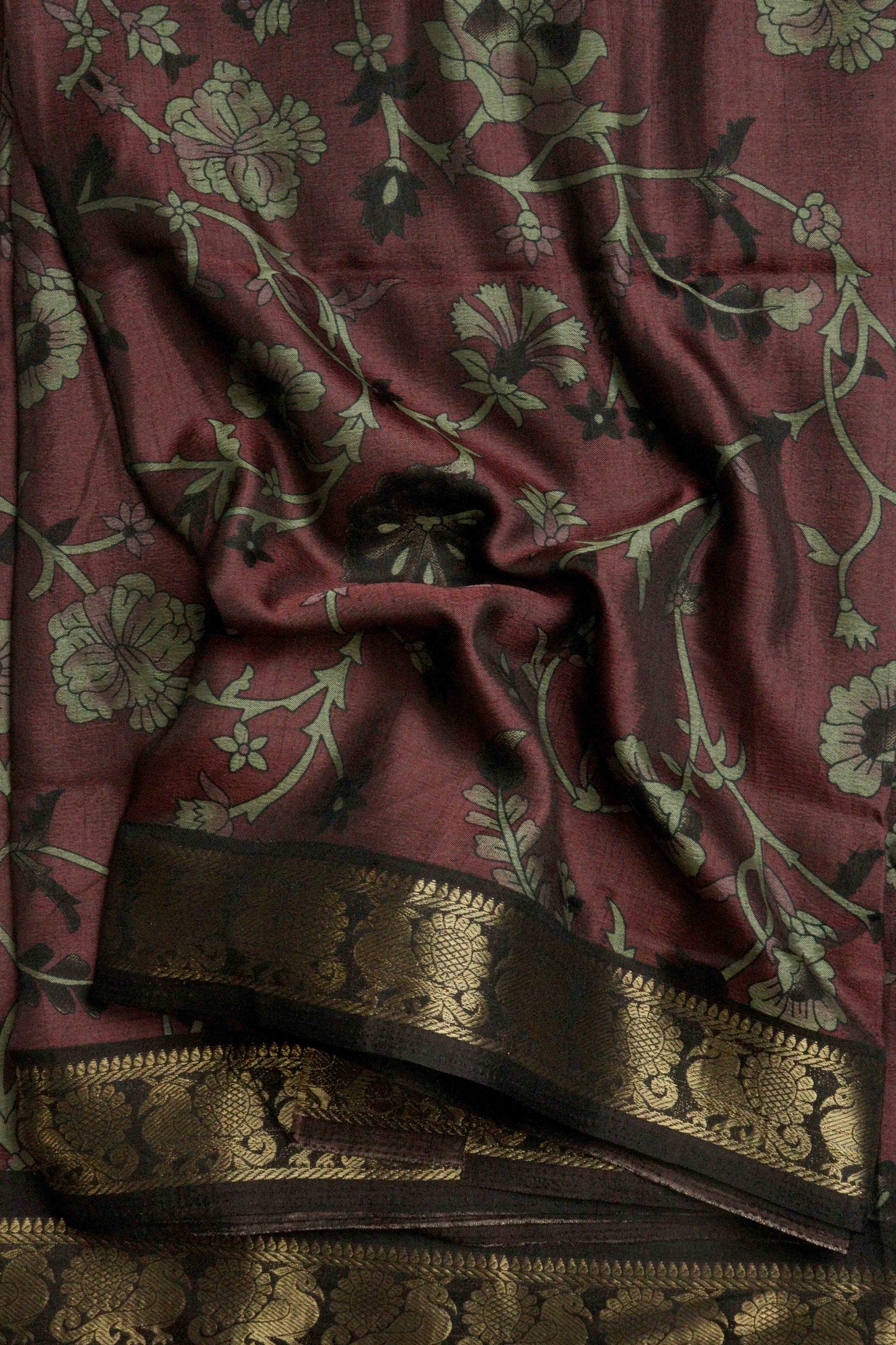 DCMS39 Maroon Wine Maheshwari Silk Sarees with Narayanapattu Border & Kalamkari Print