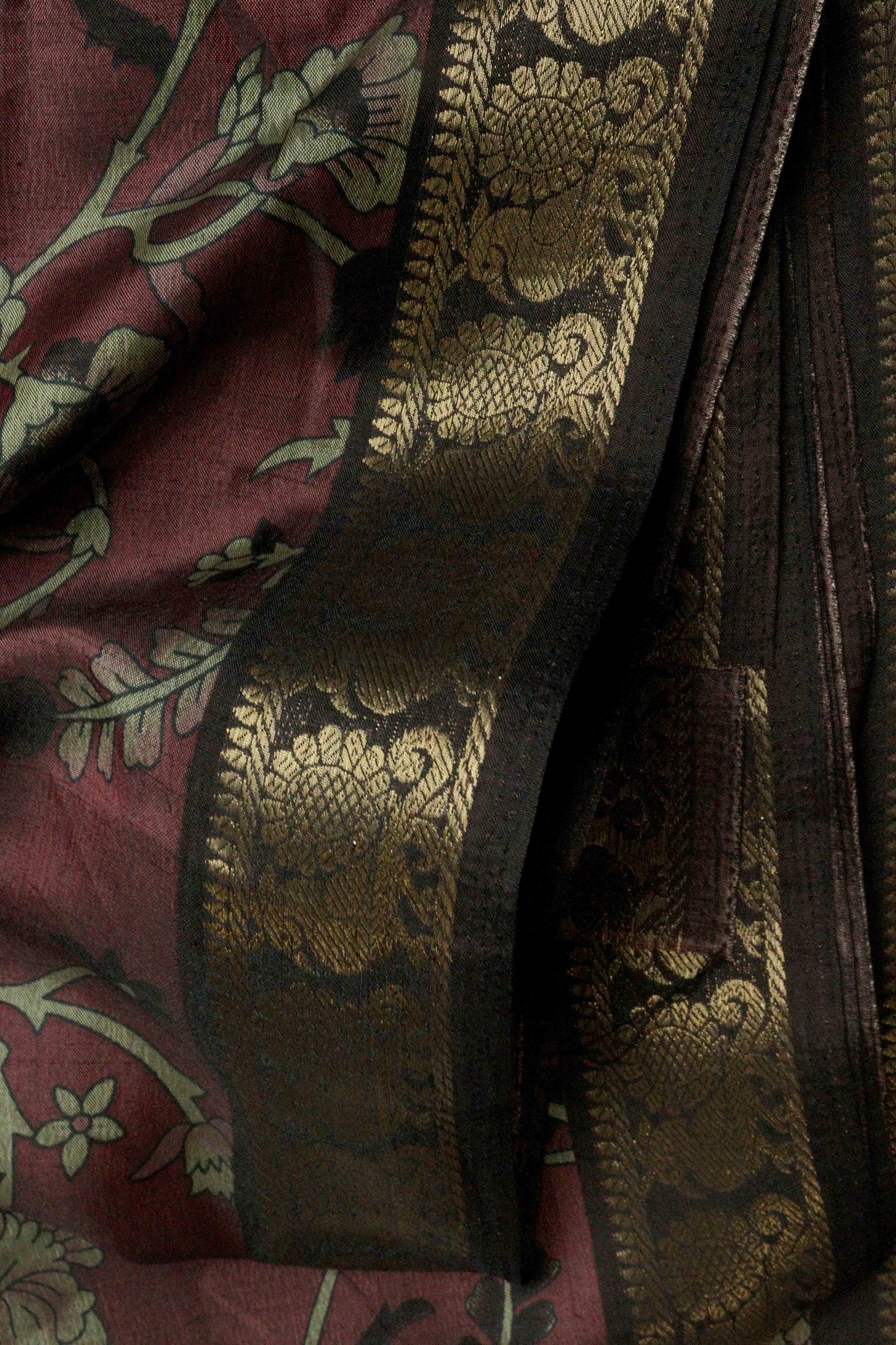 DCMS39 Maroon Wine Maheshwari Silk Sarees with Narayanapattu Border & Kalamkari Print