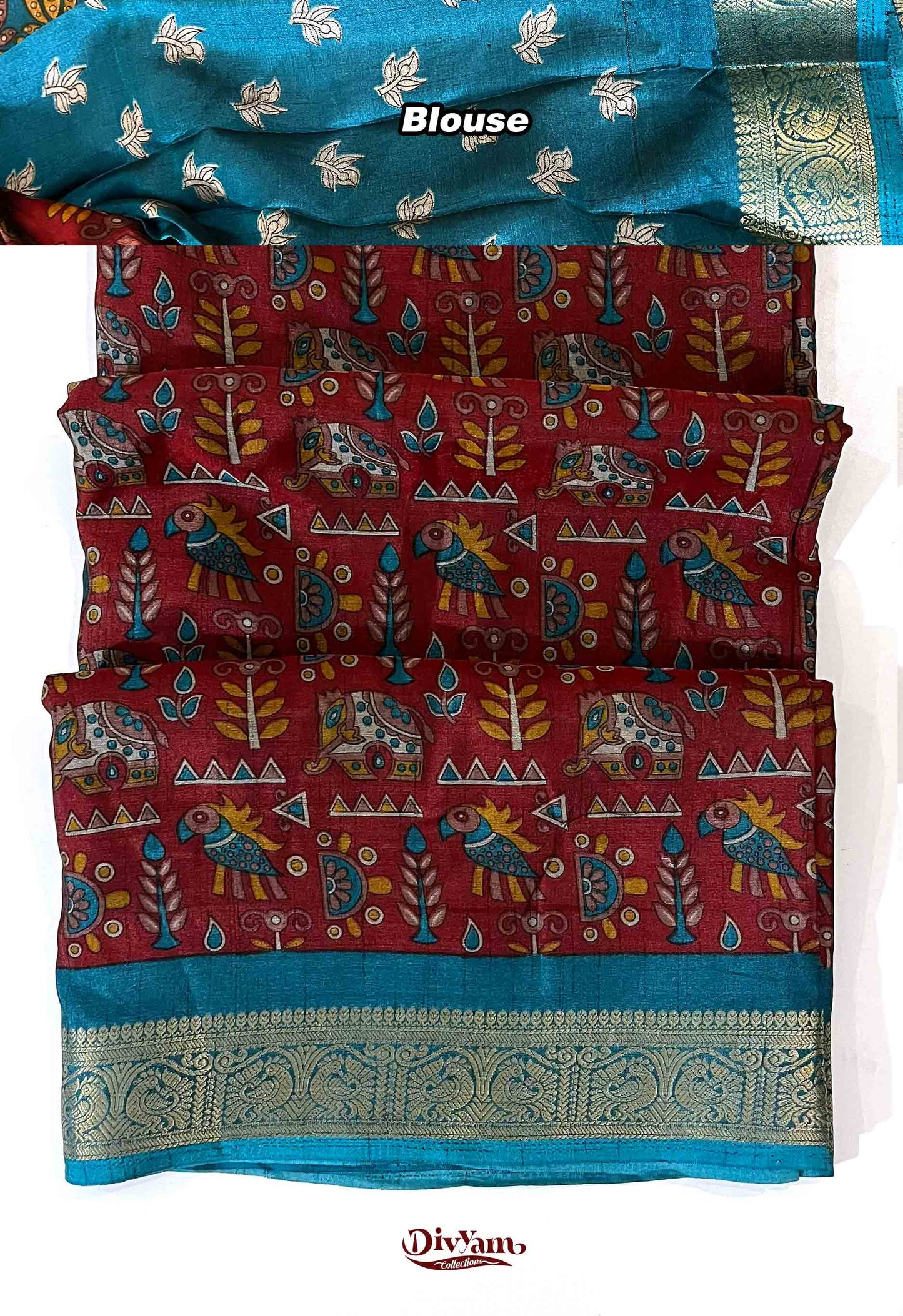 DC277 | Maheshwari Silk Saree with Kalamkari Animal Print & Rich Jari Border