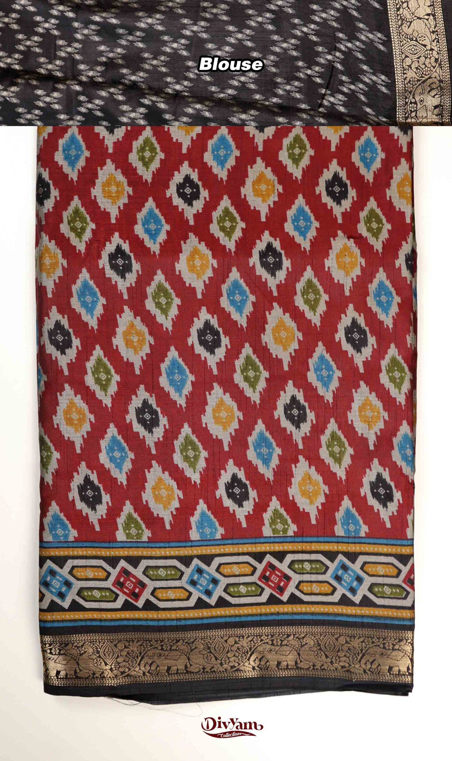 DC230 | Maheswari Silk Saree with Ikat Print & Pichwai Zari Border