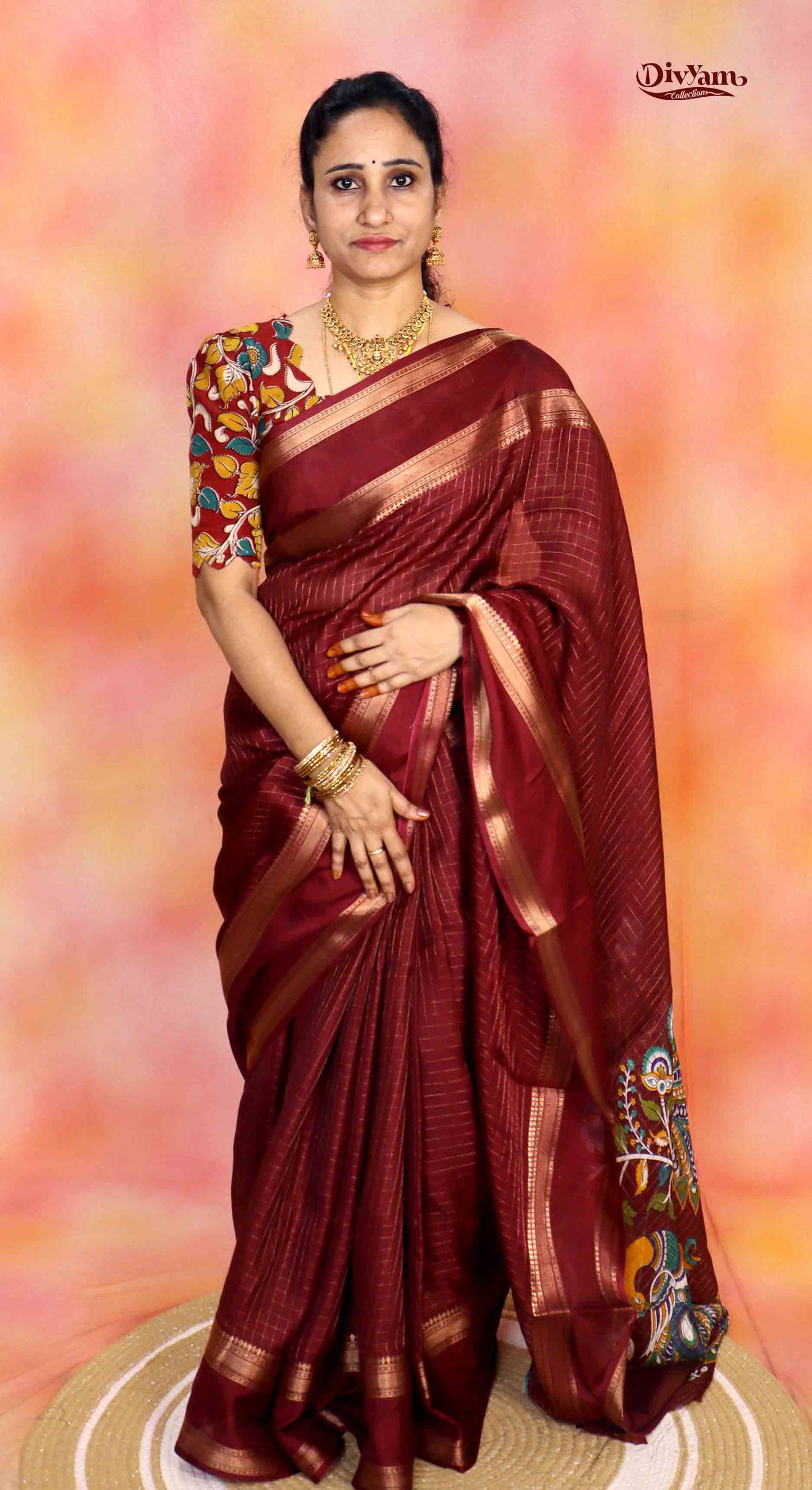 DC274 | Fancy Georgette Saree with Zari Checks & Kalamkari Blouse