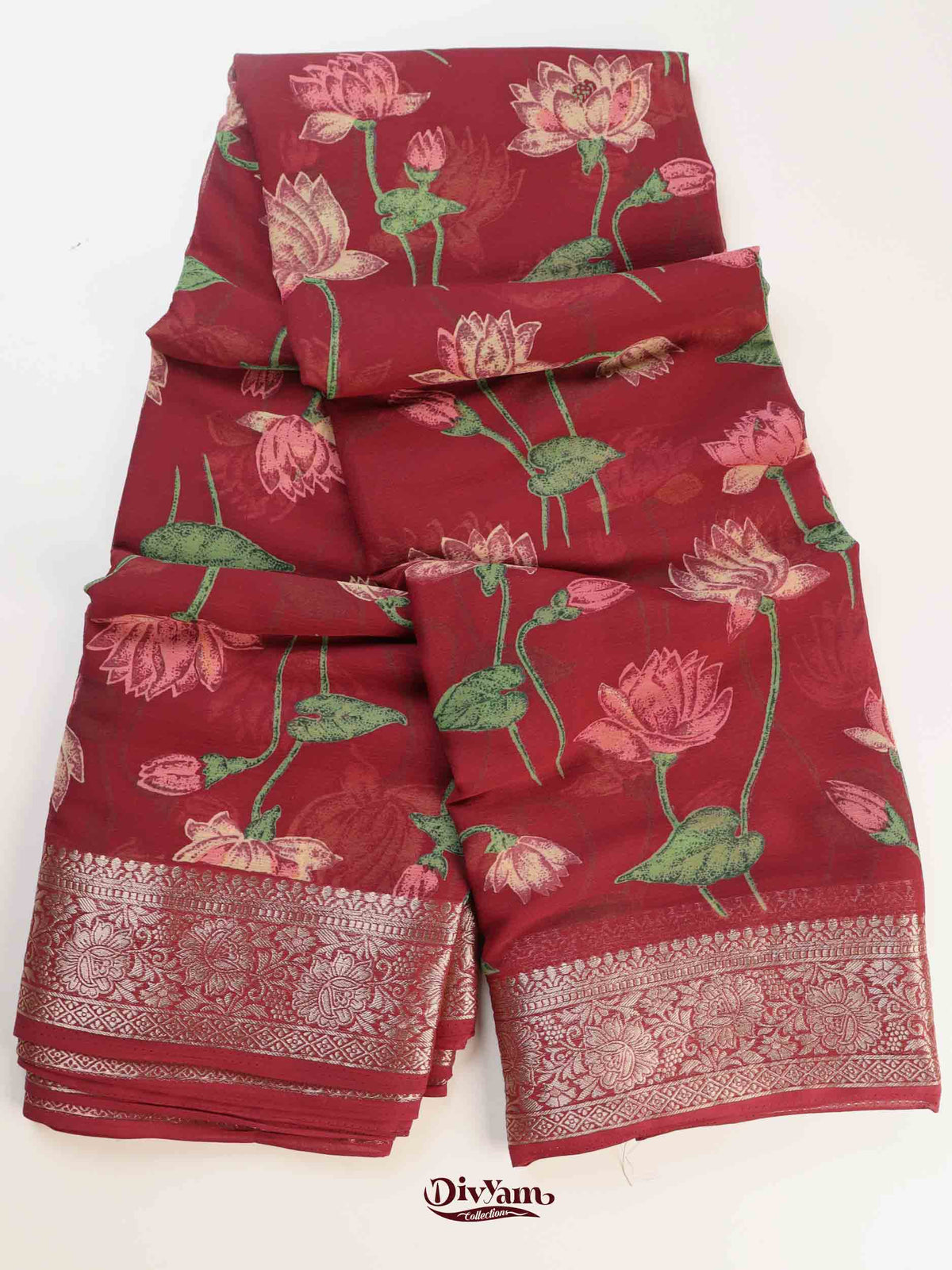 DC284 | Premium Chiffon Saree with Lotus Floral Print & Rich Jari Border