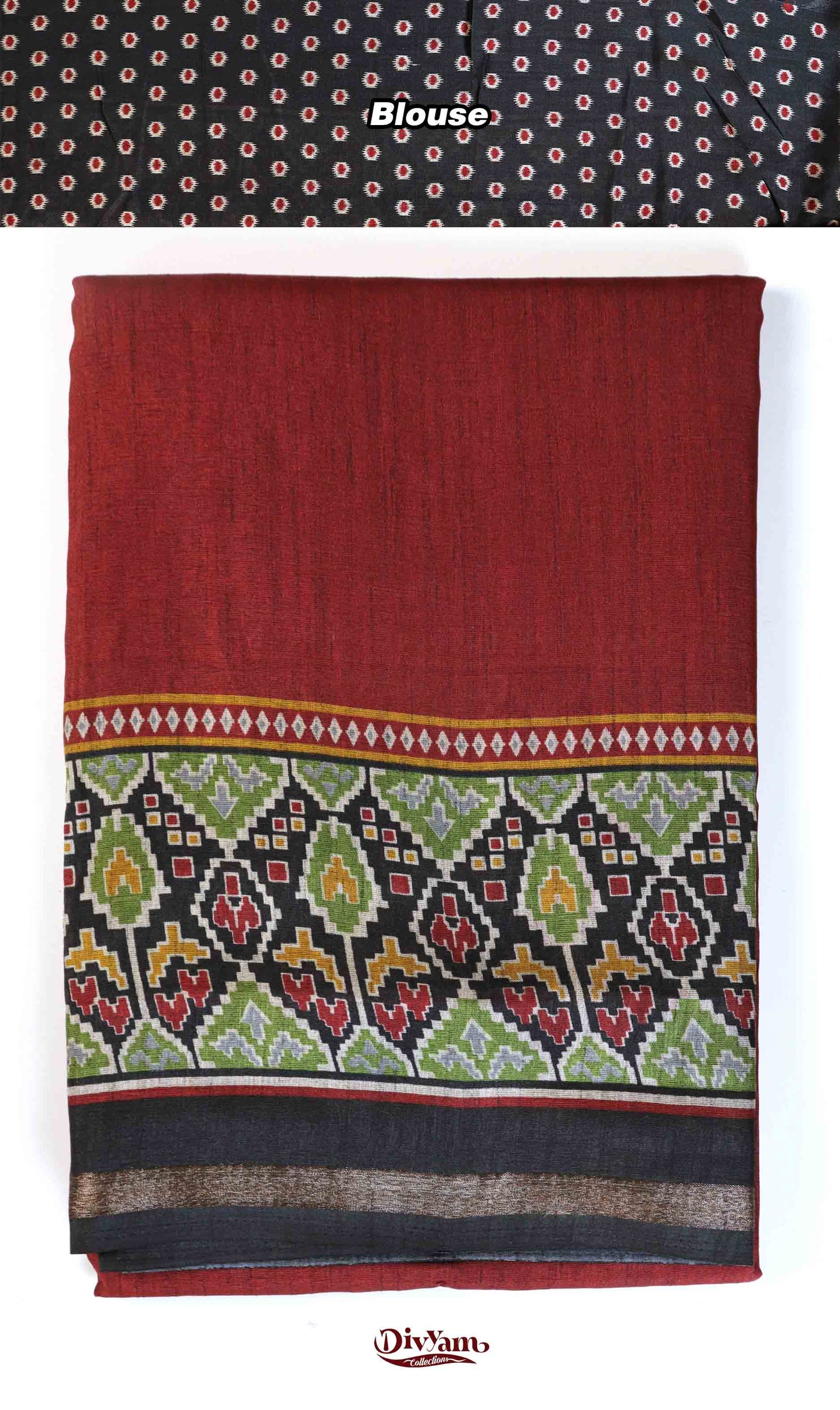 DC180 | Maheshwari Silk Saree with Ikat-Inspired Border & Contrast Motif Blouse | Soft Comfort Collection