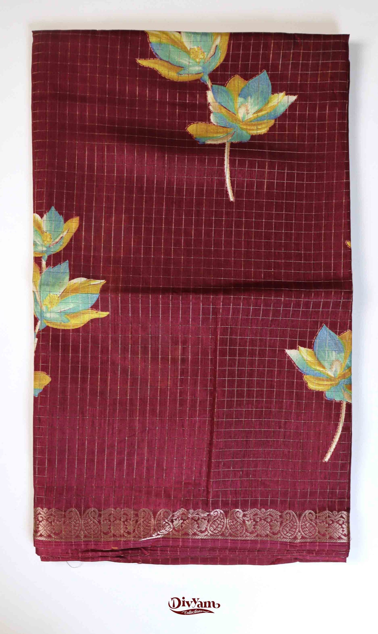 DC183 | Mangalagiri-Inspired Style | Dola Silk Jari Checks Saree with Floral Print & Running Blouse