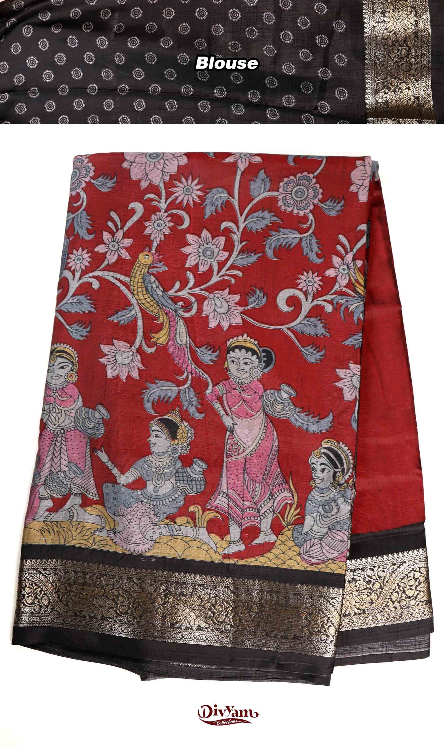 DC234 | Maheshwari Silk Saree with Floral & Dancing Dolls Kalamkari Design | Flora Zari Border