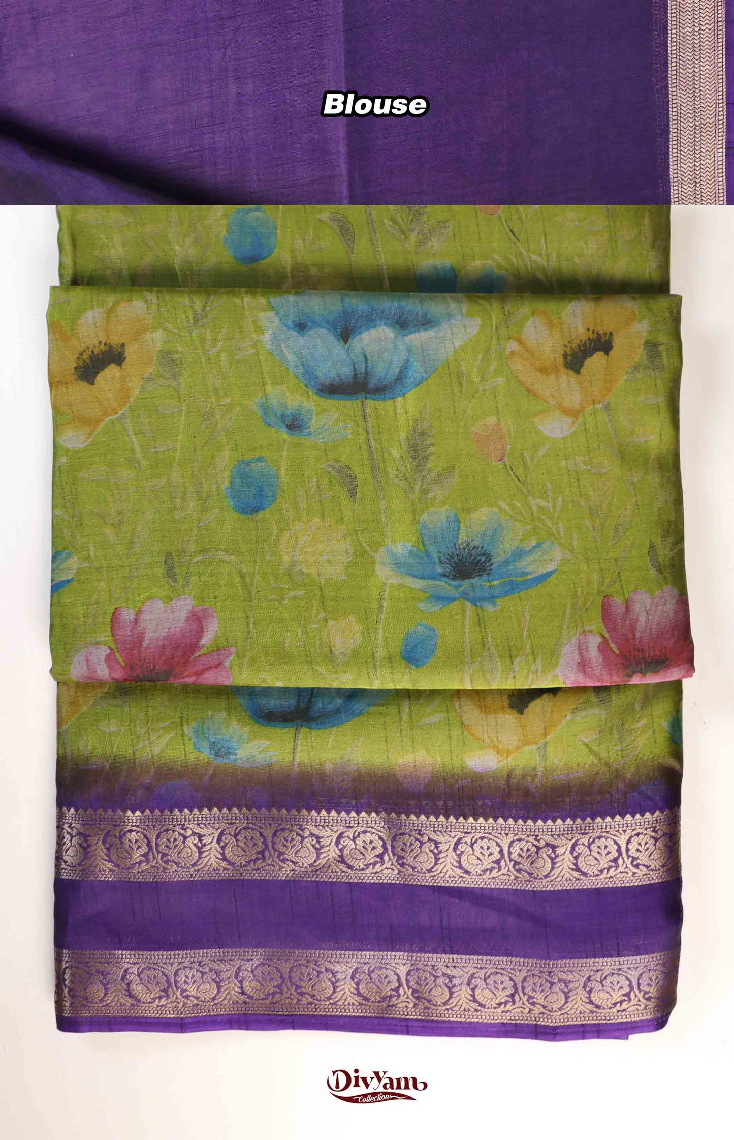 DC215 | Fancy Soft Silk Saree with Floral Print & Gap Border