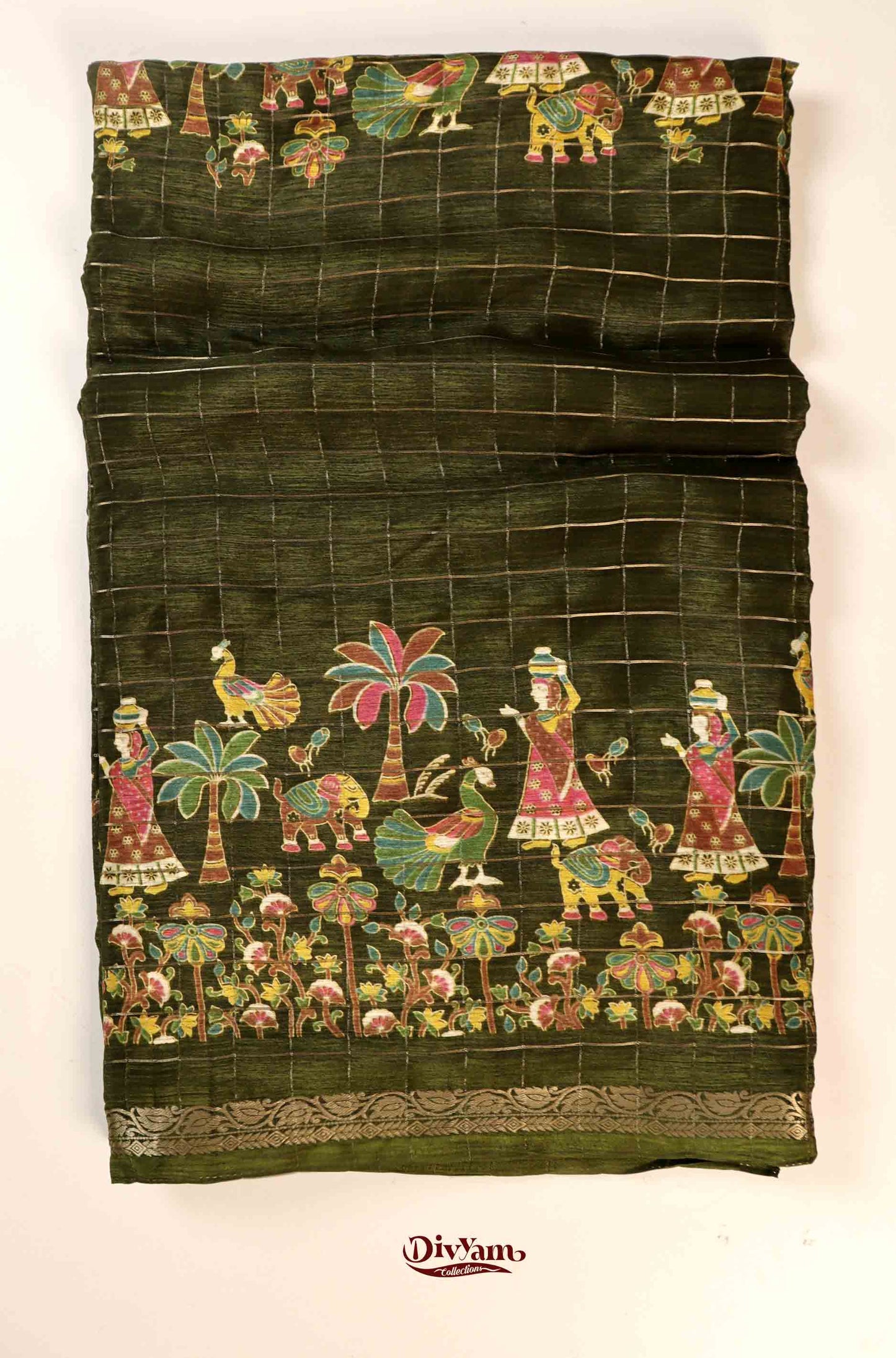 DC177 | Premium Chinon Crêpe Pattachitra Hand-Painted Saree with Jari Checks & Floral Accents
