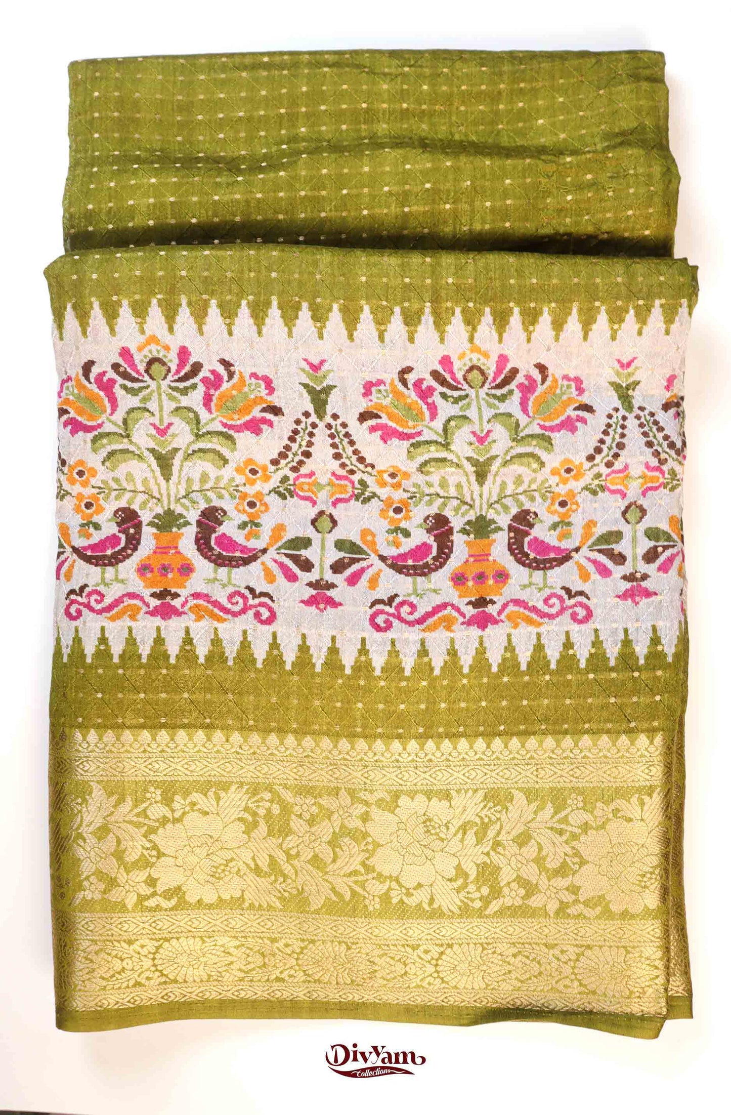 DC271 | Pattu Look Soft Silk Saree with Zari Dots & Floral Border