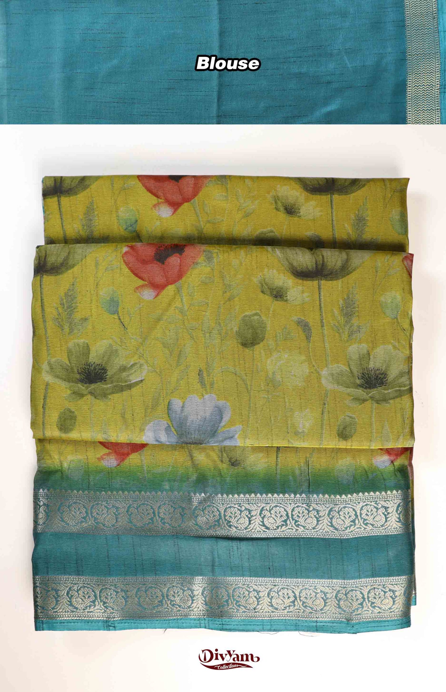 DC215 | Fancy Soft Silk Saree with Floral Print & Gap Border
