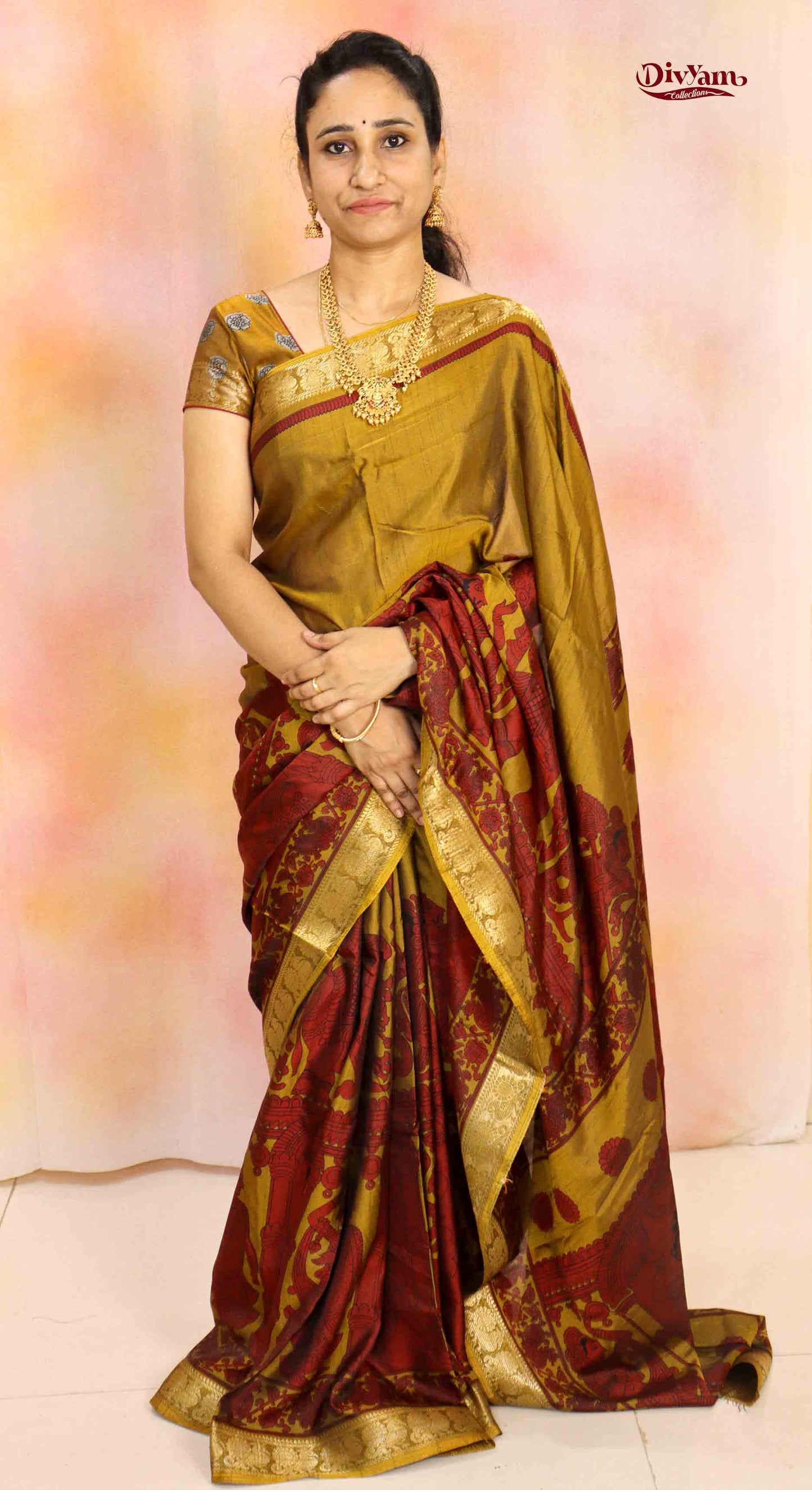 DC199 | Maheshwari Silk Pen Kalamkari Saree with Contrast Colours & Narayanpet Border