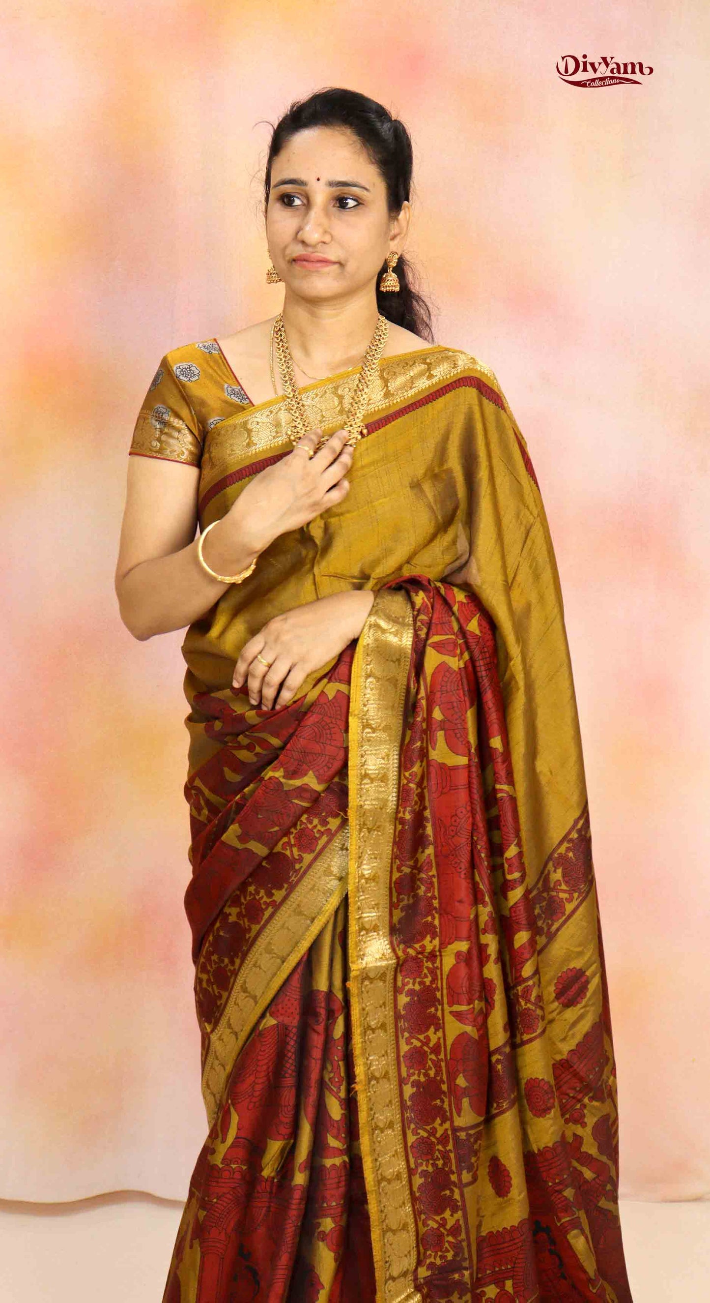 DC199 | Maheshwari Silk Pen Kalamkari Saree with Contrast Colours & Narayanpet Border
