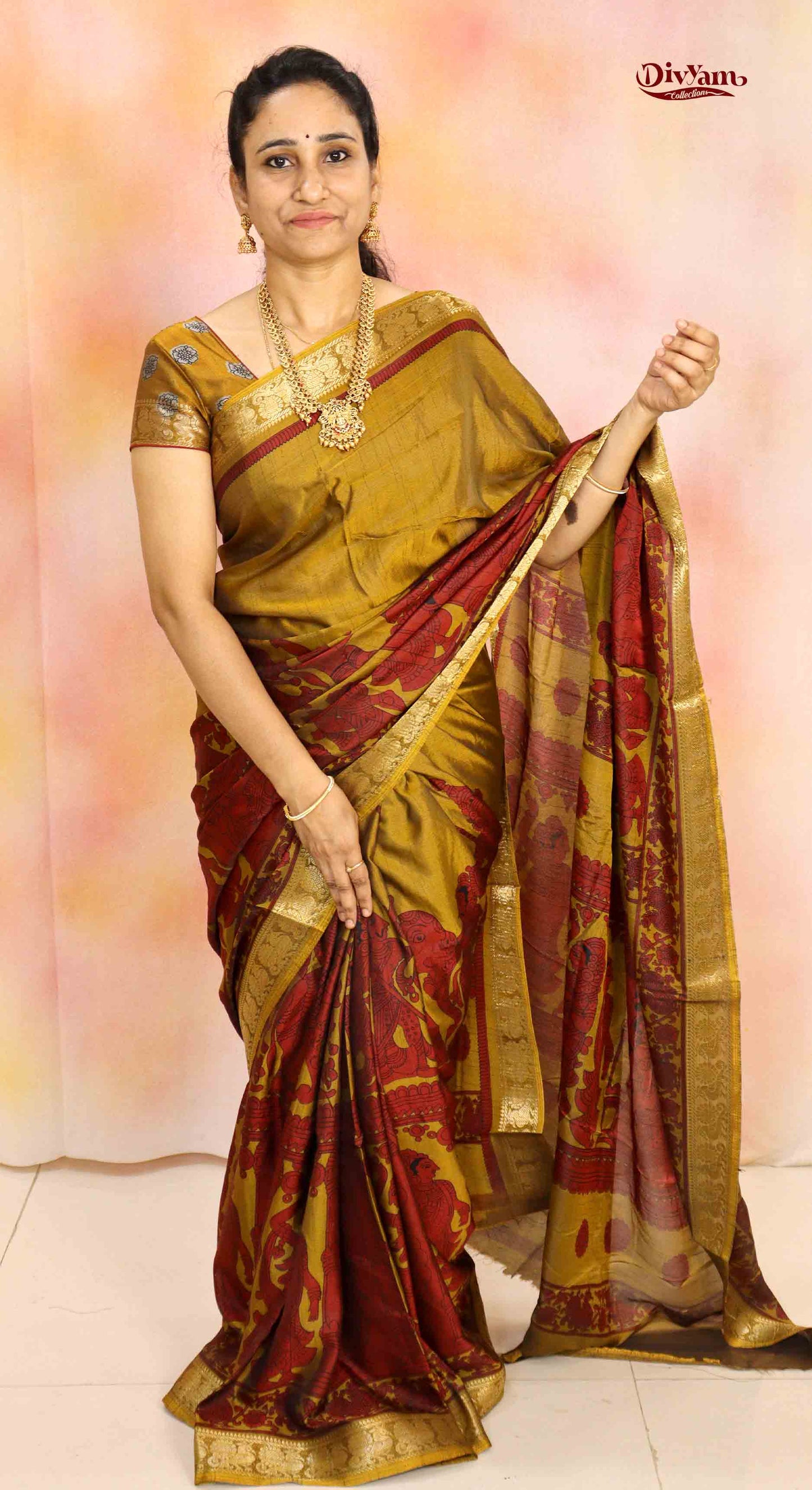DC199 | Maheshwari Silk Pen Kalamkari Saree with Contrast Colours & Narayanpet Border