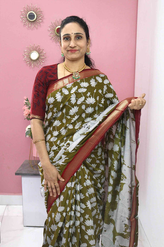 DC112 | Traditional Mangalagiri Viscose Soft Cotton silk Saree with Gold Zari Border and pichwai cow penkalamkari Design | Running Blouse