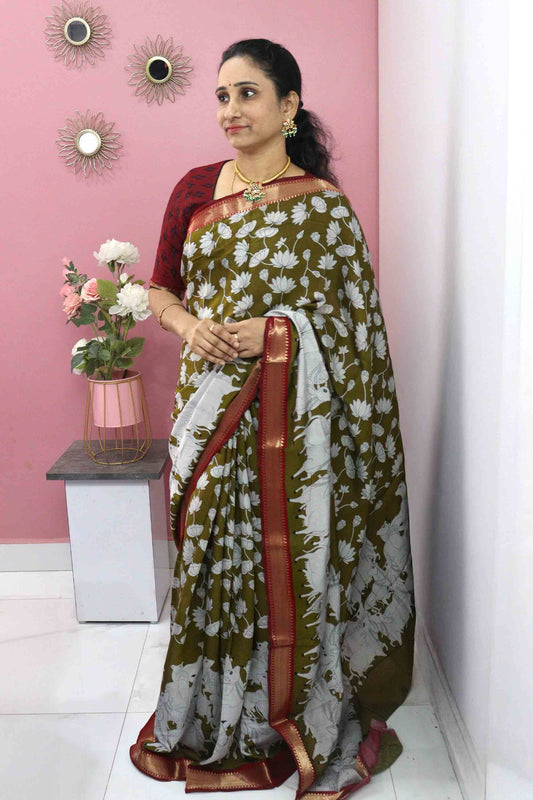 DC112 | Traditional Mangalagiri Viscose Soft Cotton silk Saree with Gold Zari Border and pichwai cow penkalamkari Design | Running Blouse