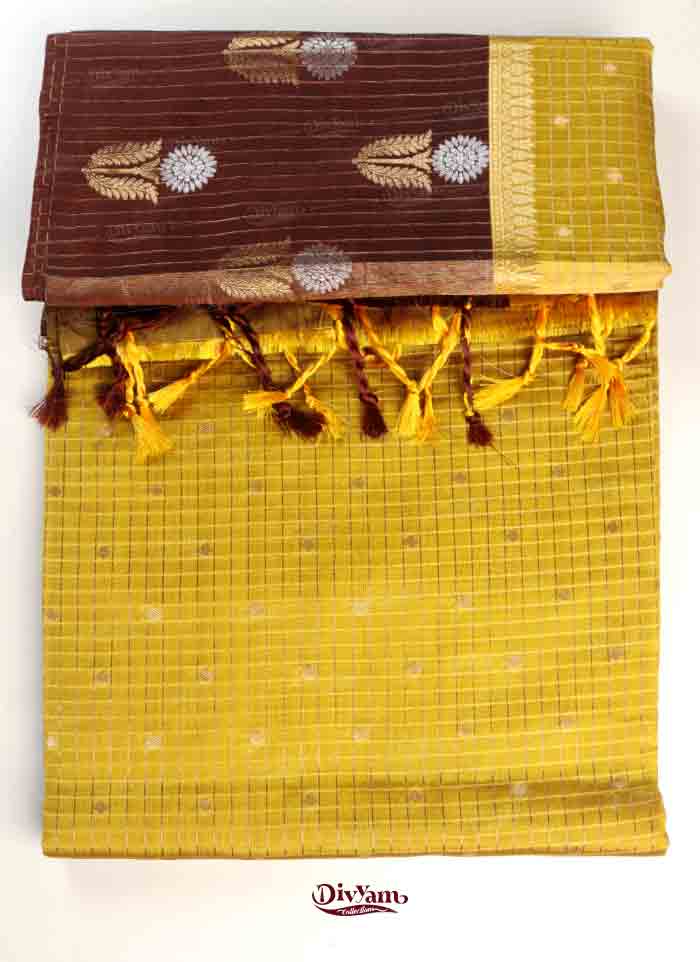 DC301 | Fancy Semi Pattu Saree with Vintage Checks & Zari Floral Butties