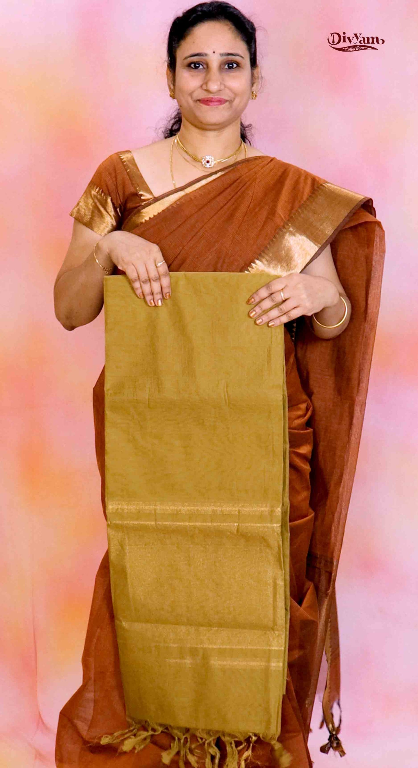 DC217 | Kollam Chettinad Cotton Plain Saree with Premium Gold Zari Border