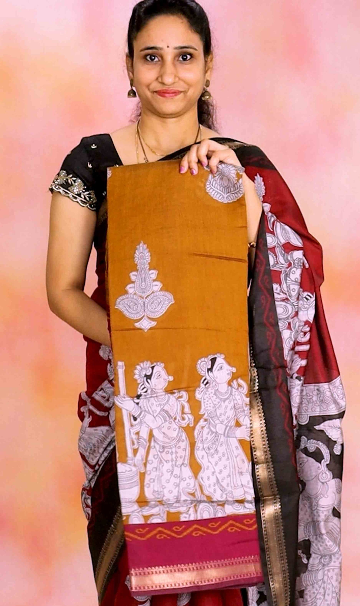 DC240 | Maheshwari Silk Saree with Sri Kalahasti Kalamkari & Narayanpet Zari Border