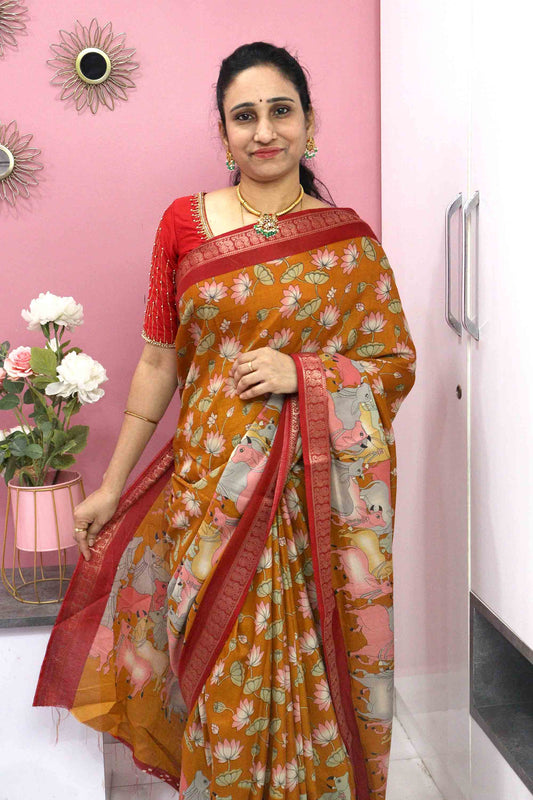 DC110 | Mangalagiri Soft Silk Saree with Gold Zari Border, Lotus & Cow Design | Running Blouse | 5 Colours